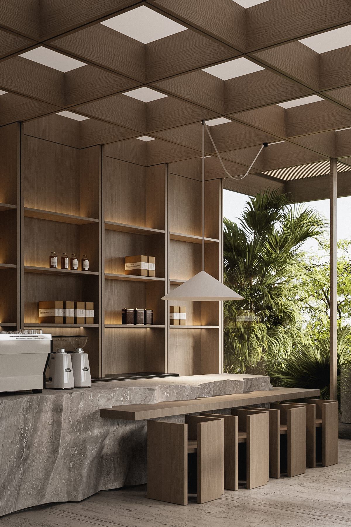Treatment room with sculptural ceiling and garden view