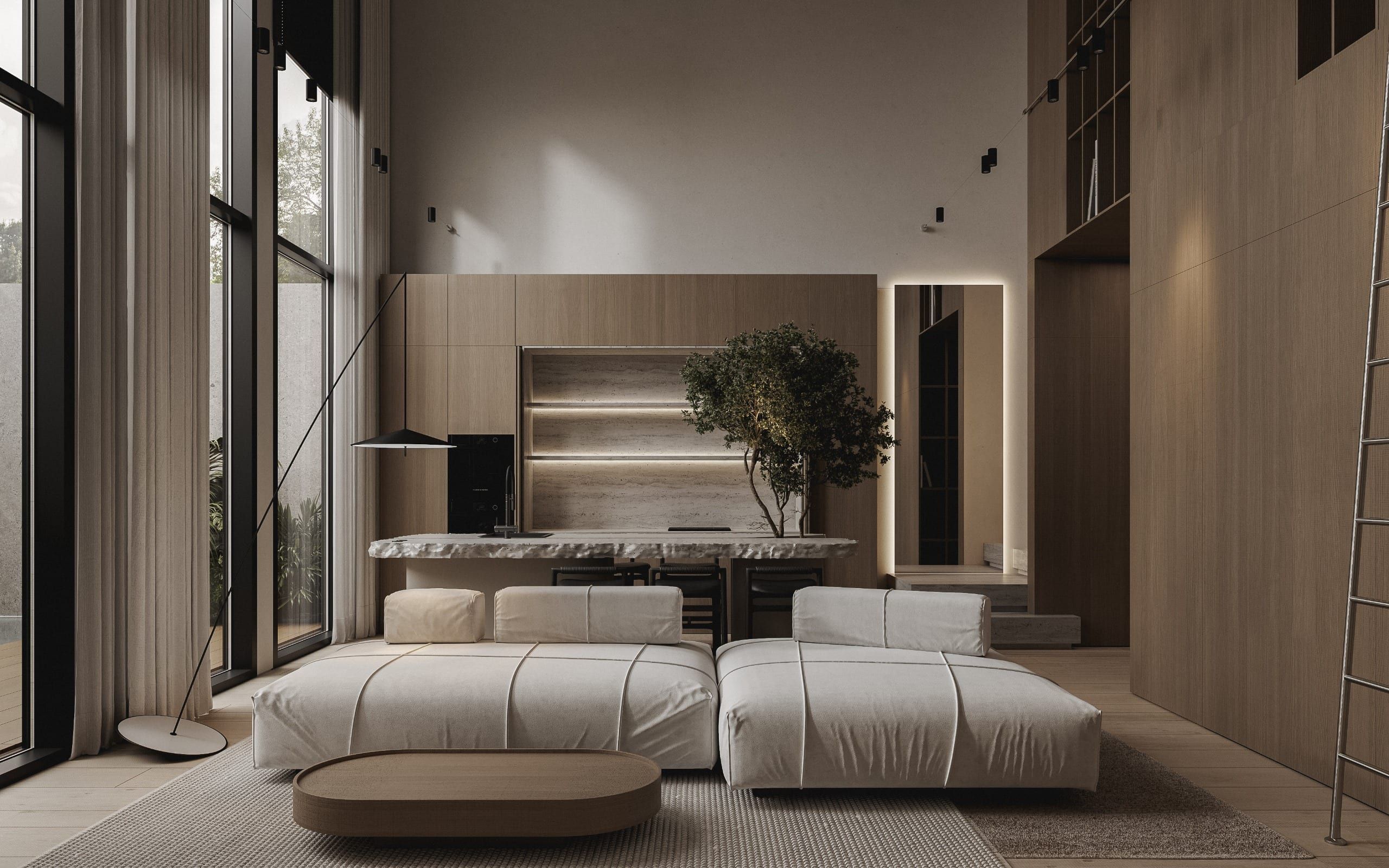 Bedroom with low seating, built-in storage and wooden wall cladding