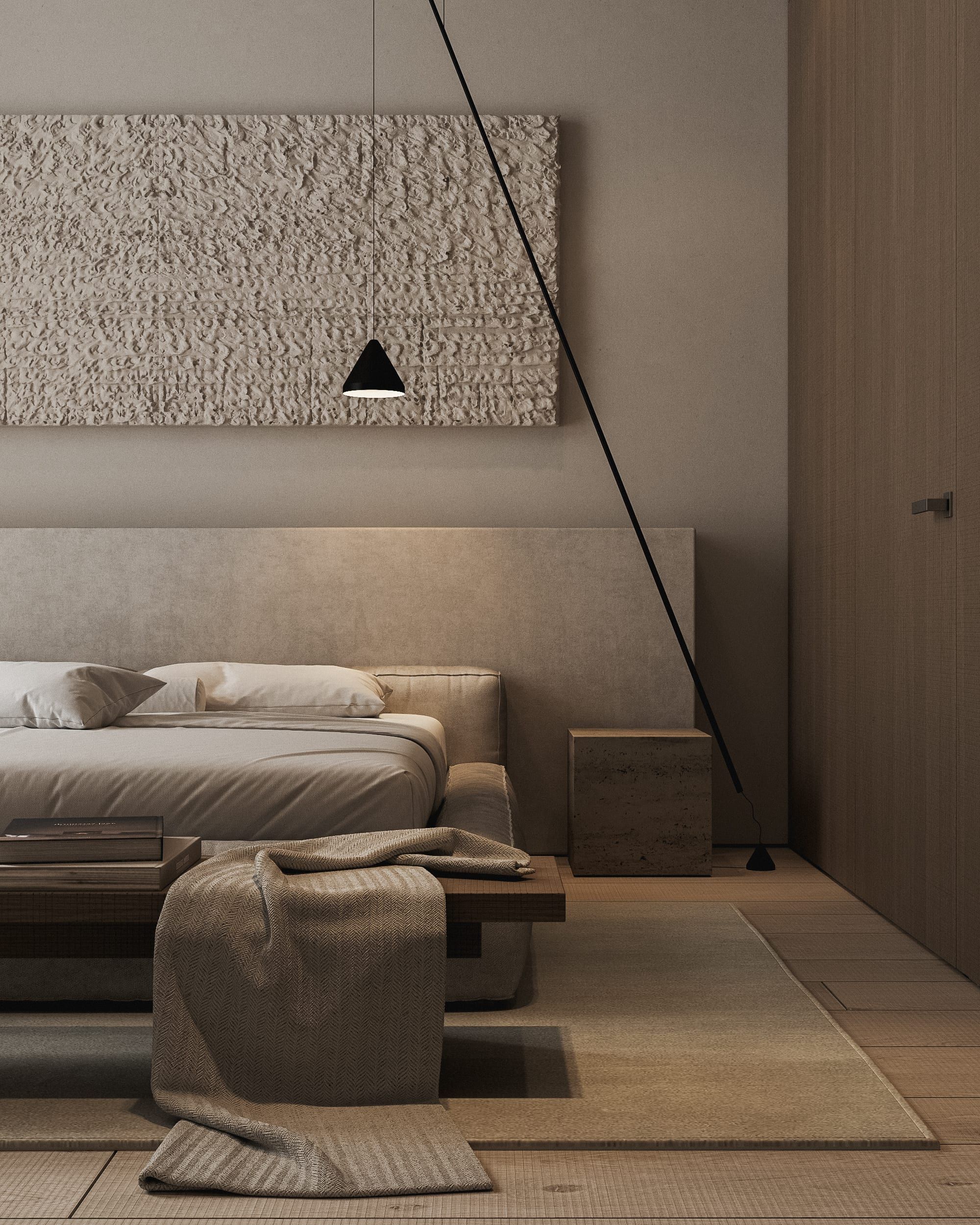 Bedroom with bed, geometric wall panel and textured surface