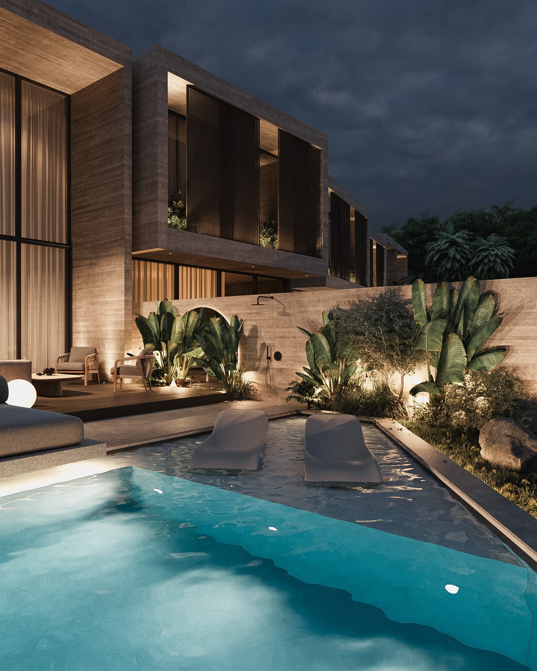 Front facade with pool and integrated lighting in evening