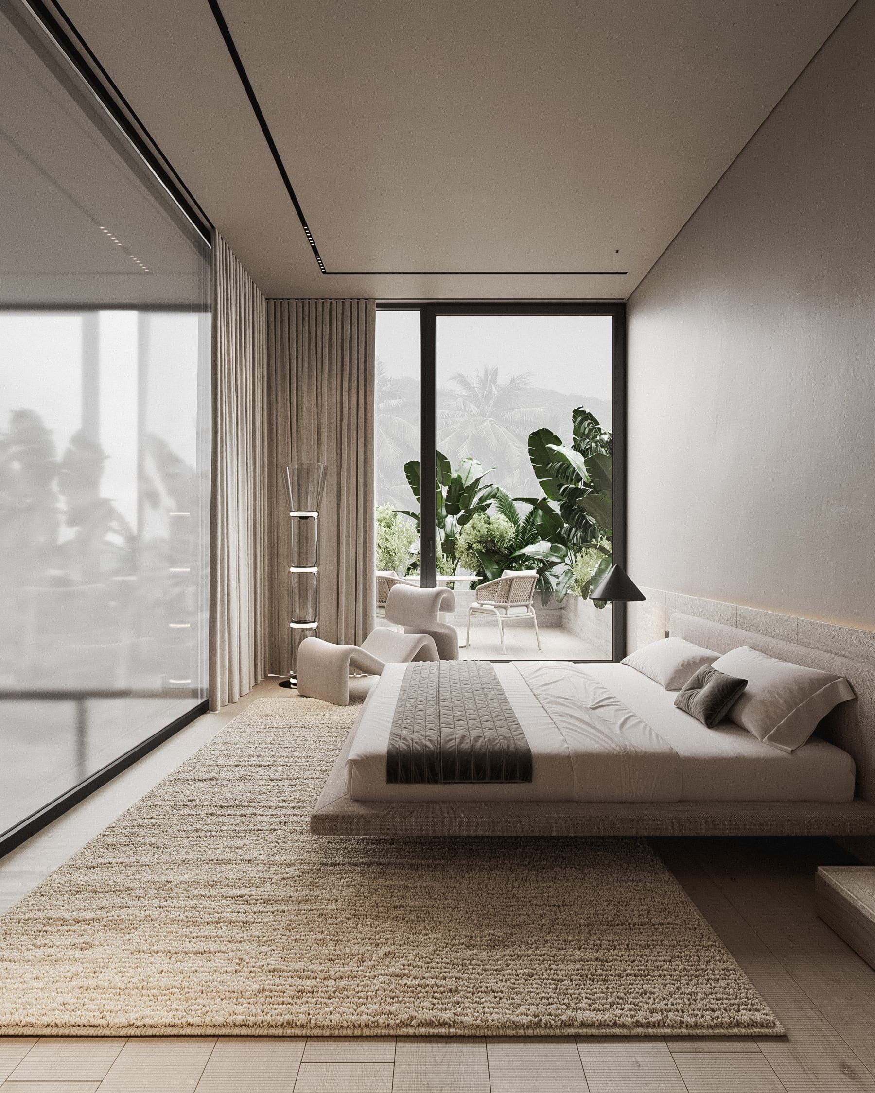 Bedroom with panoramic window, floor bed and indoor plant