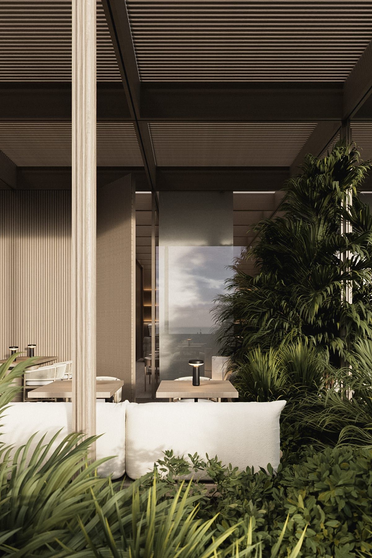 Open terrace with white furniture and textured ceiling