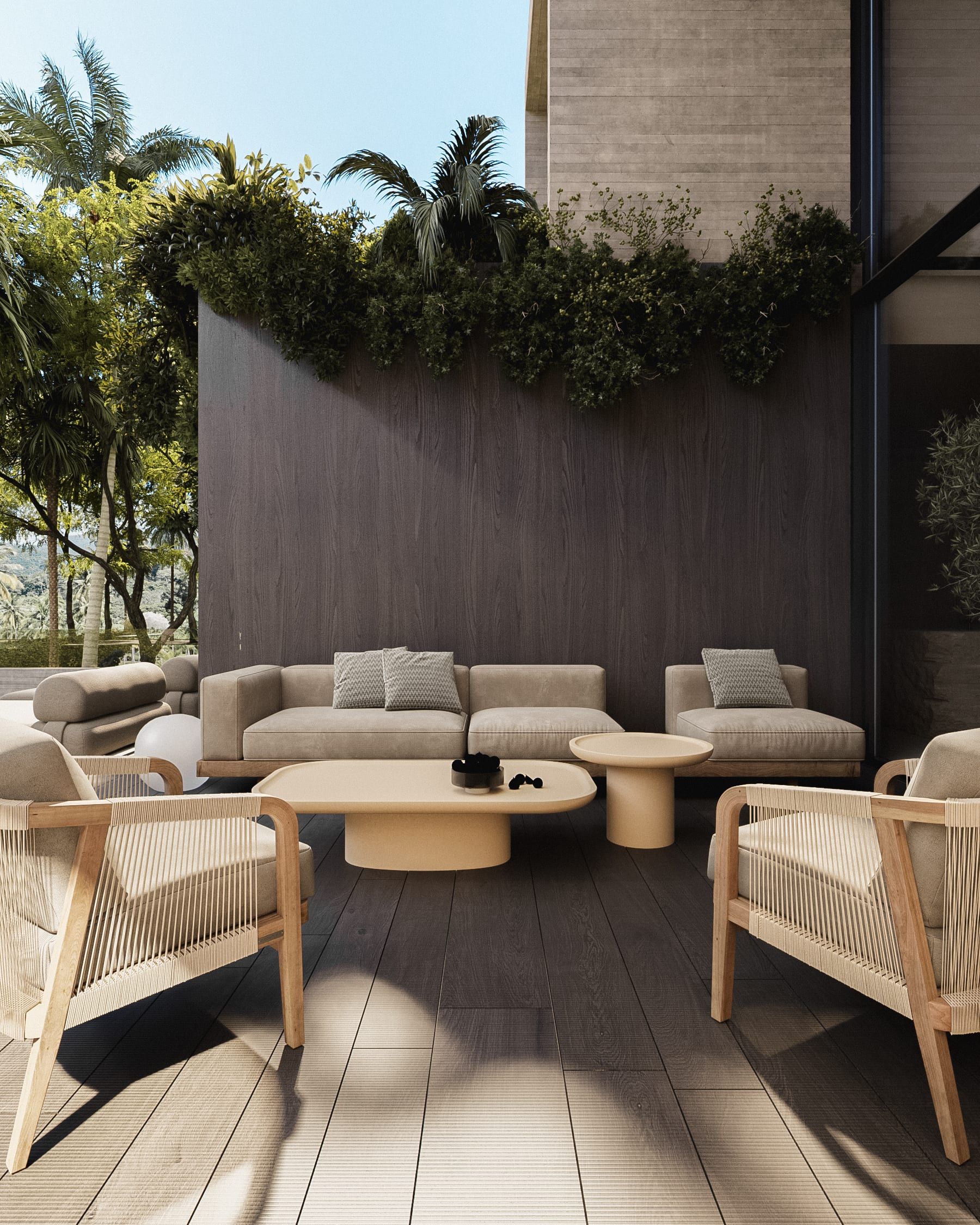 Terrace with sofa, wooden chairs and green wall planting