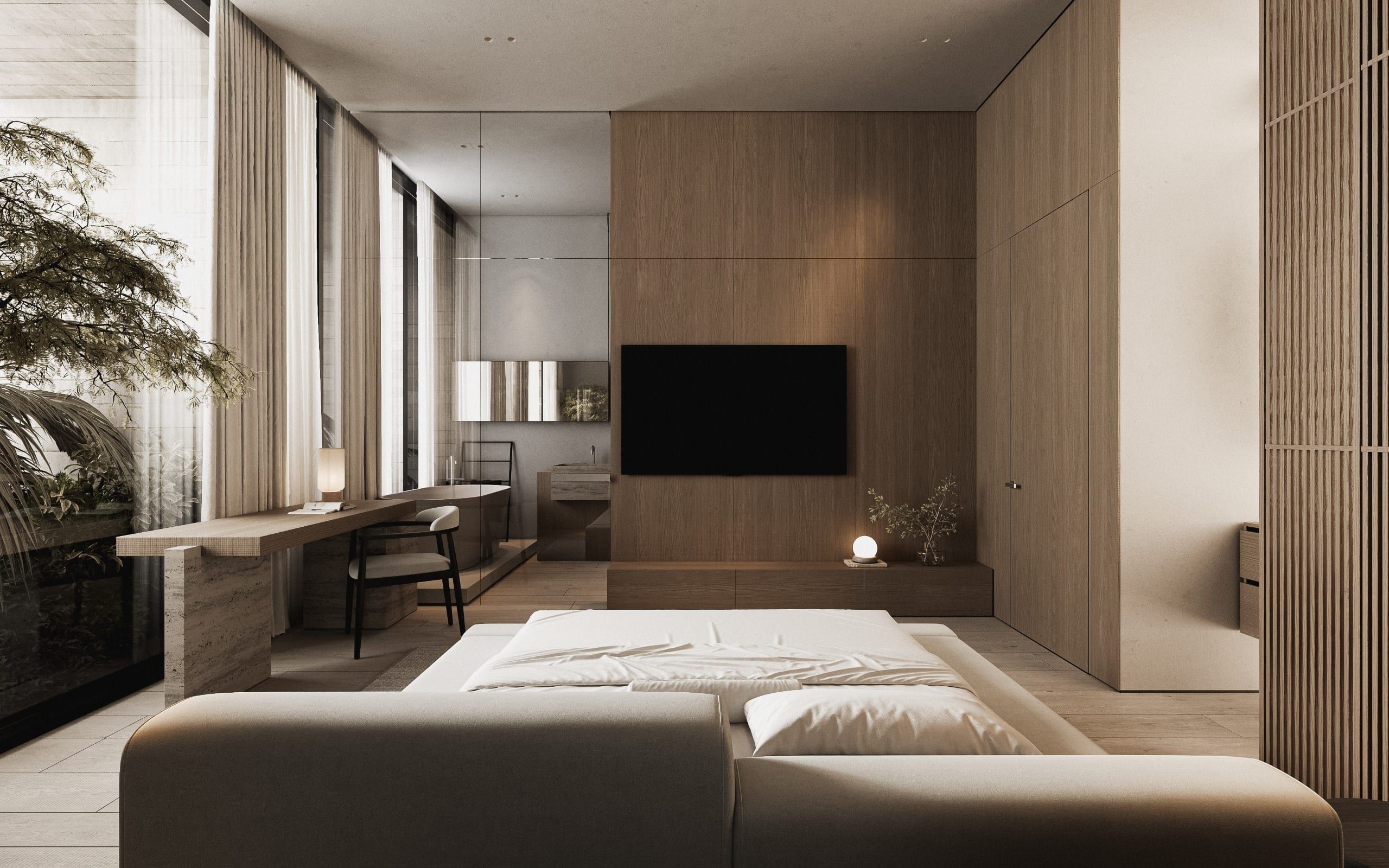 Bedroom with plants, bed by window and integrated TV wall