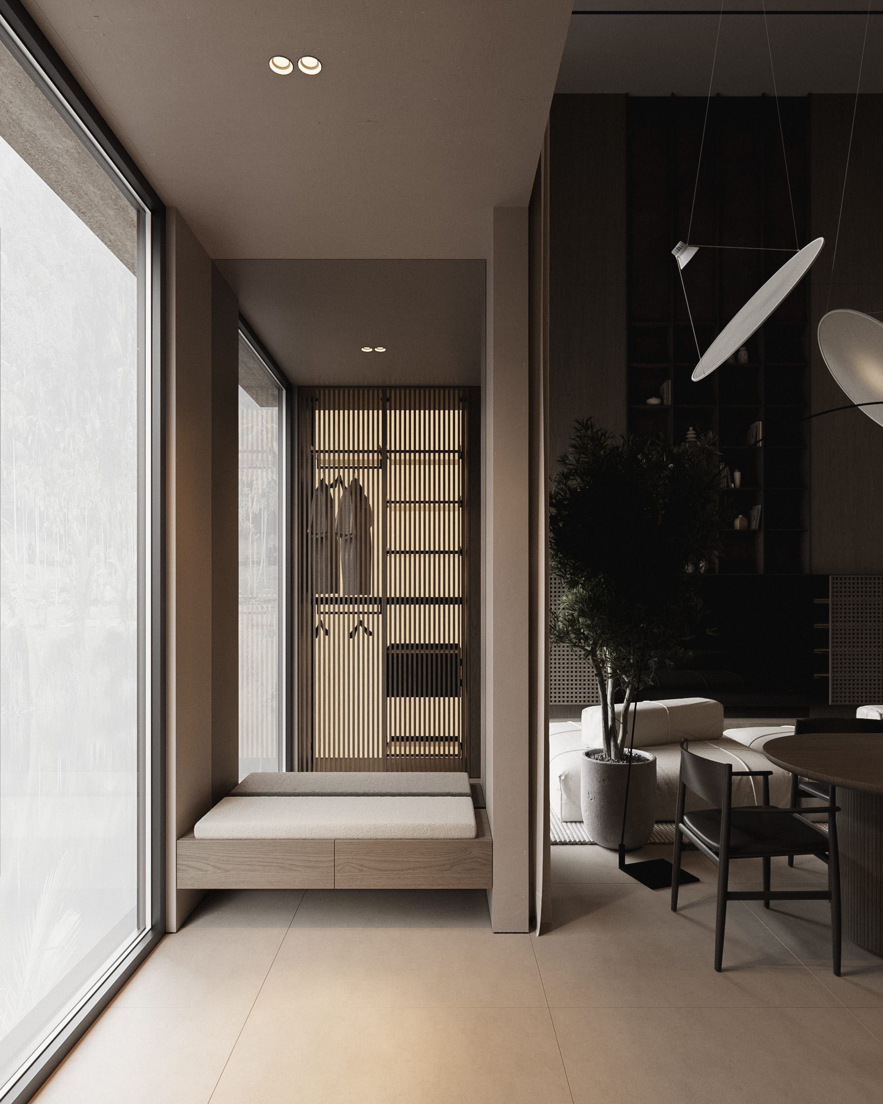 Walk-in wardrobe with slatted panels, open window, bedroom beyond, daylight