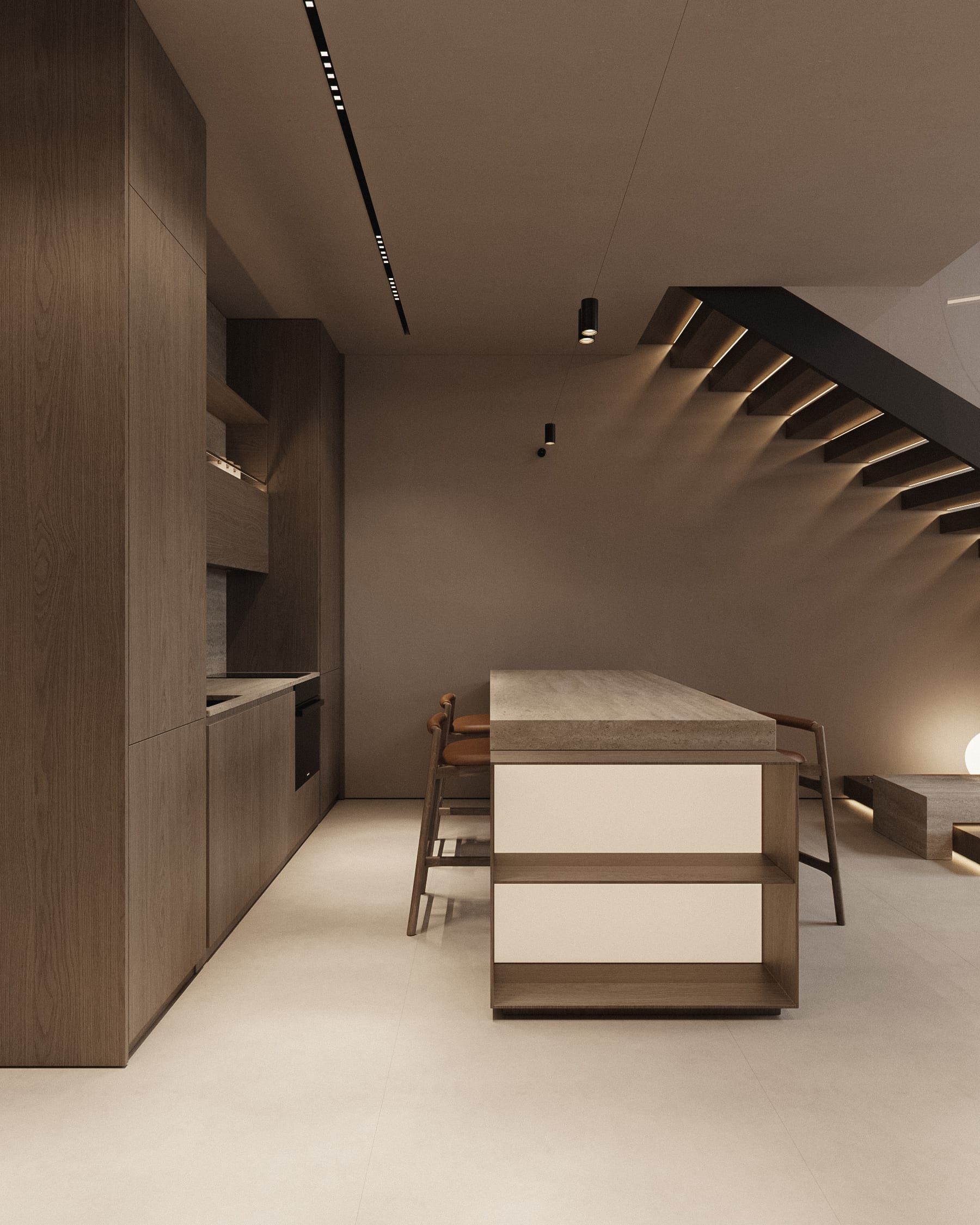 Dining area with wooden panels, recessed lighting, angular architecture