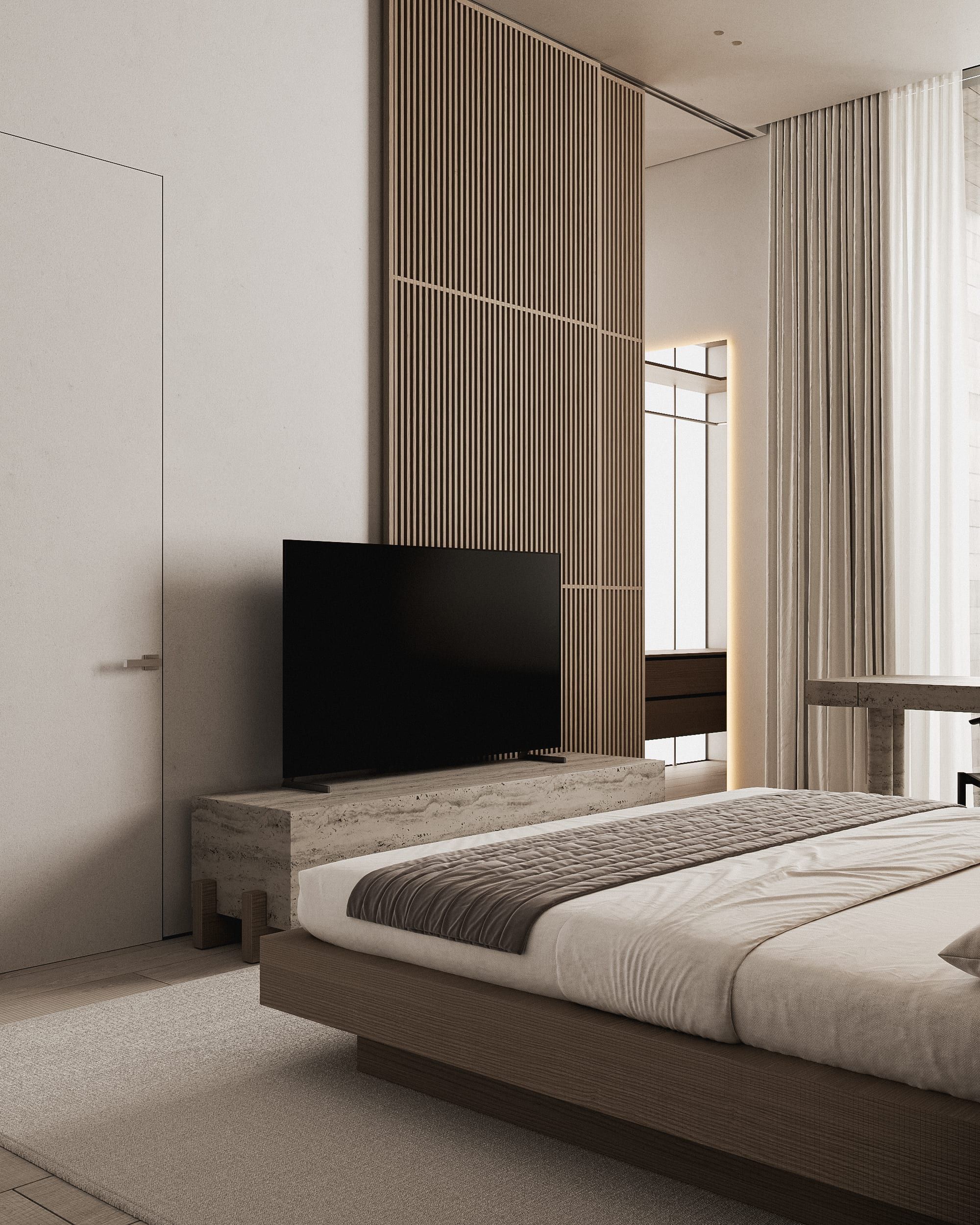Bedroom with low platform bed, wood paneling and curtains