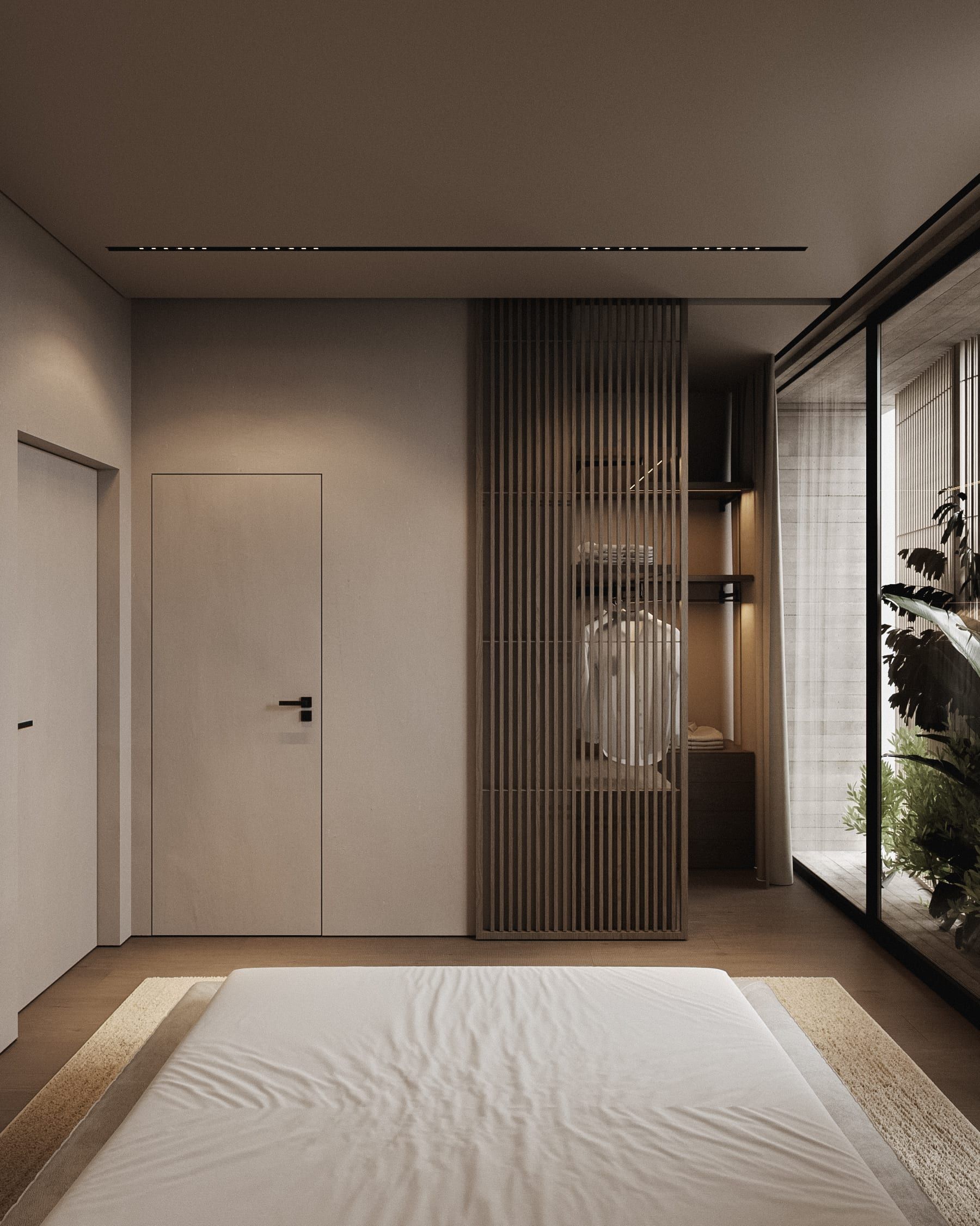 Bedroom with vertical slats, built-in wardrobes, minimal design