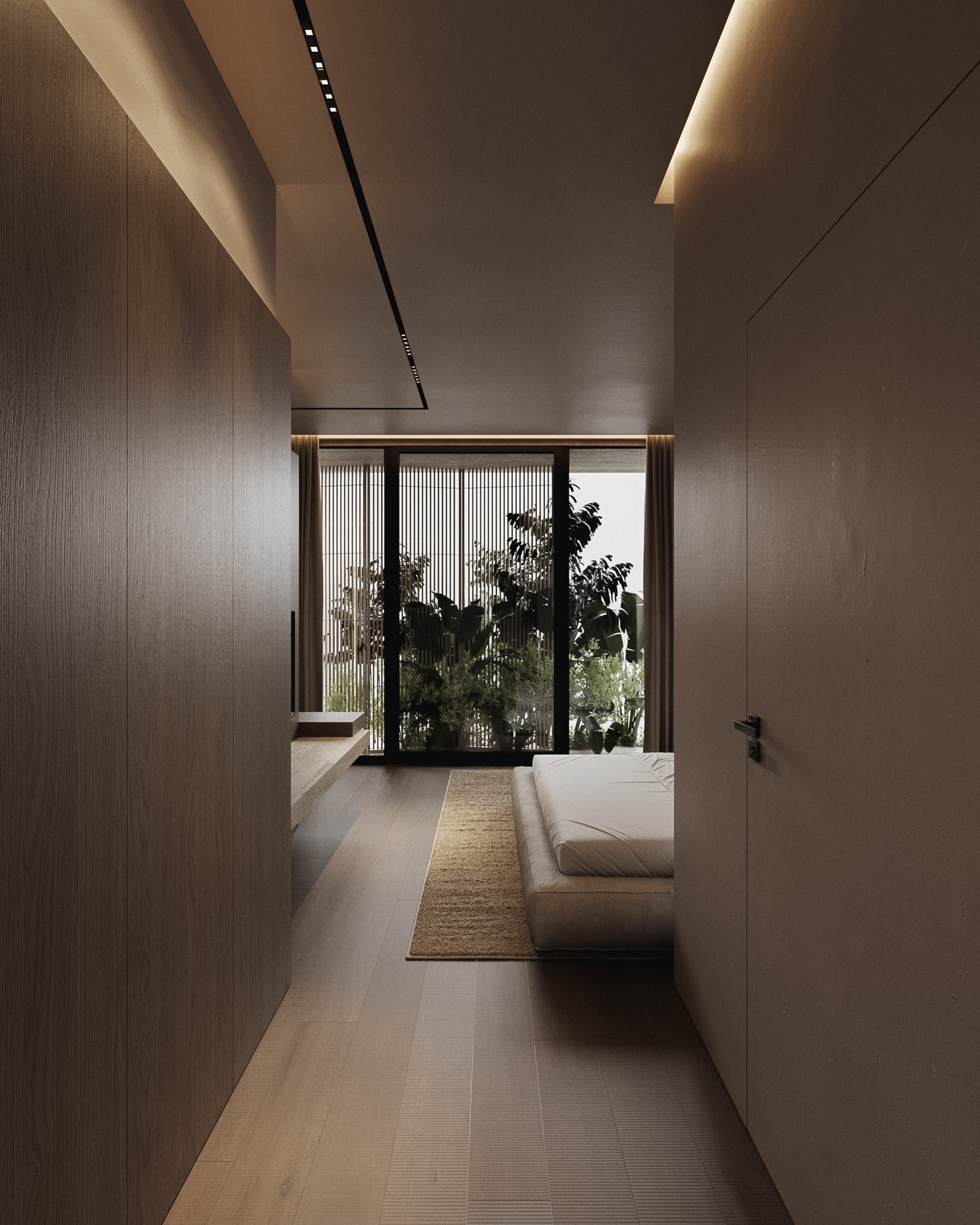 Corridor to bedroom with soft proportions, large window, natural light