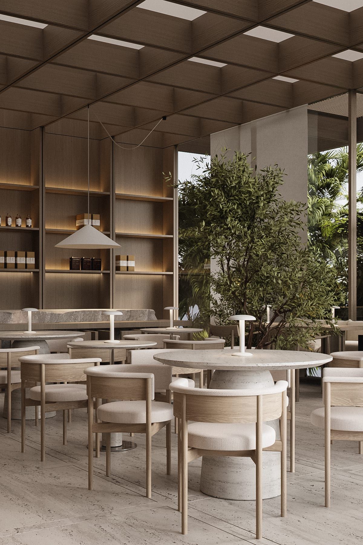 Dining hall with modular ceiling and living plants