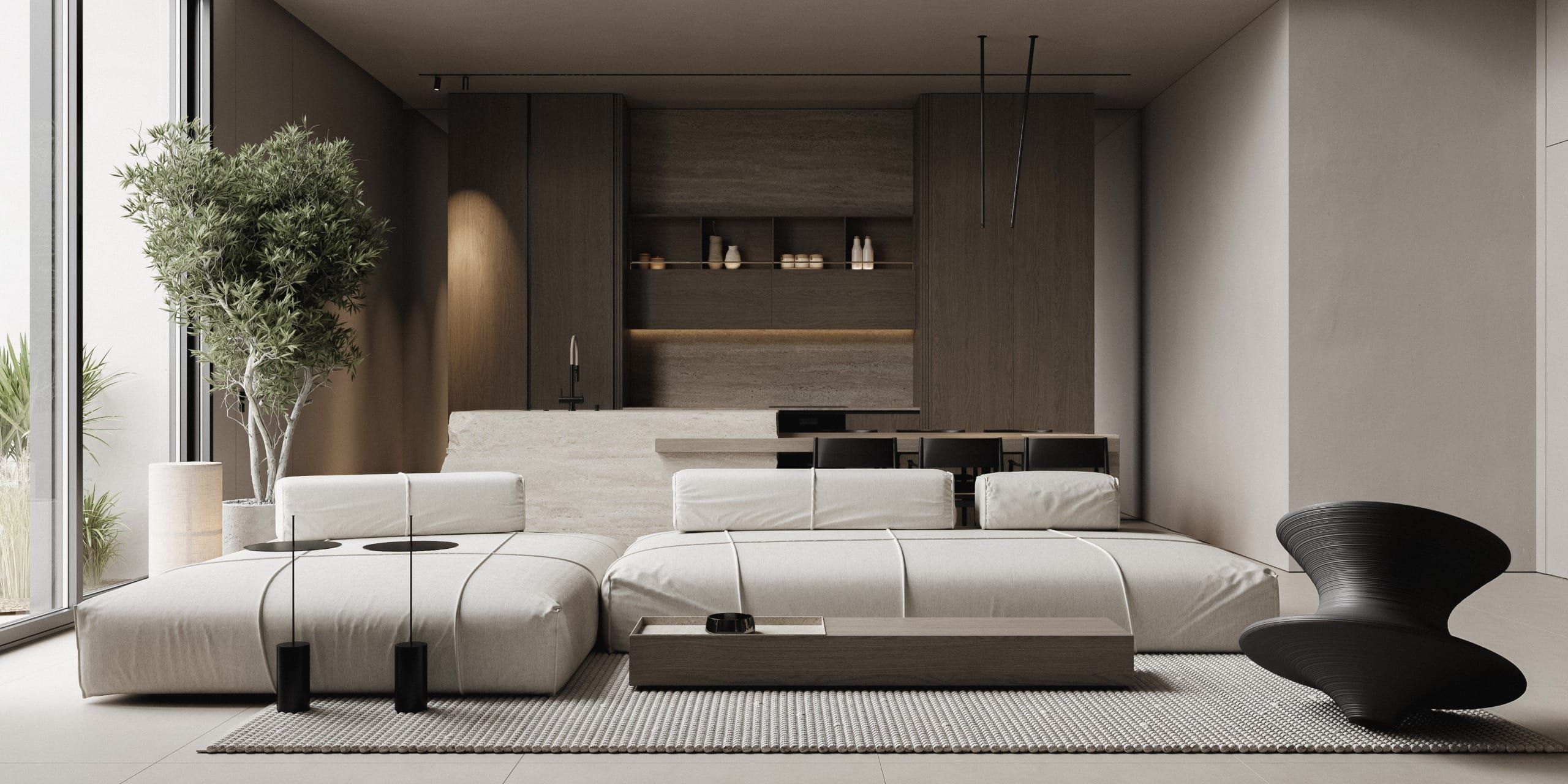 Living room with modular sofa, built-in shelving and potted plant