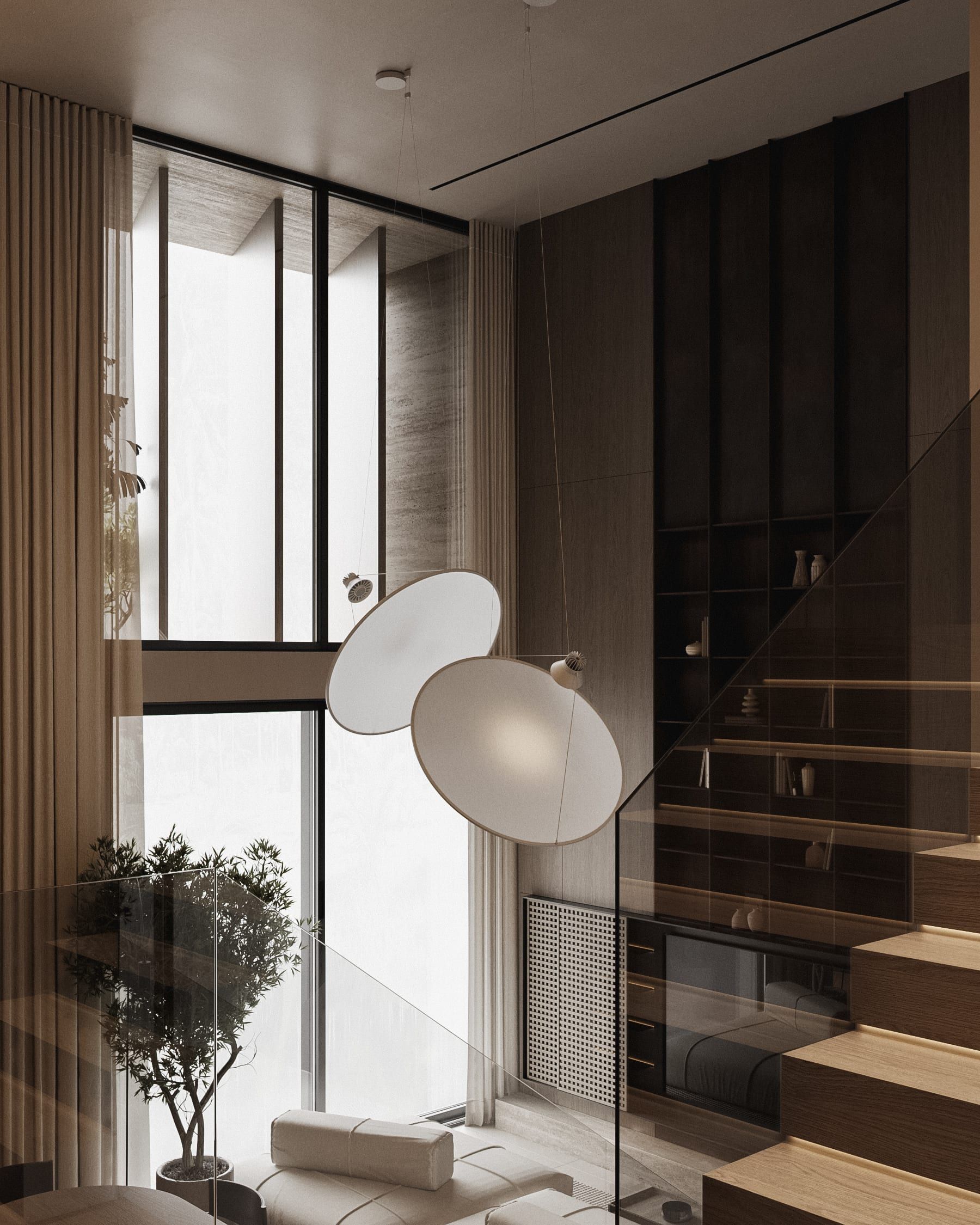 Bedroom entrance with glazing, wooden cladding, white doors, staircase