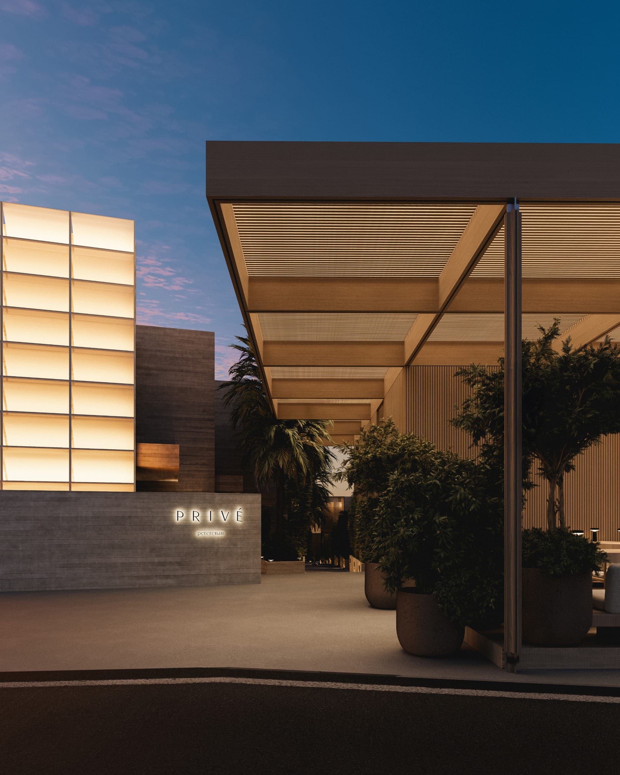 Entry zone with canopy, glass wall and parking