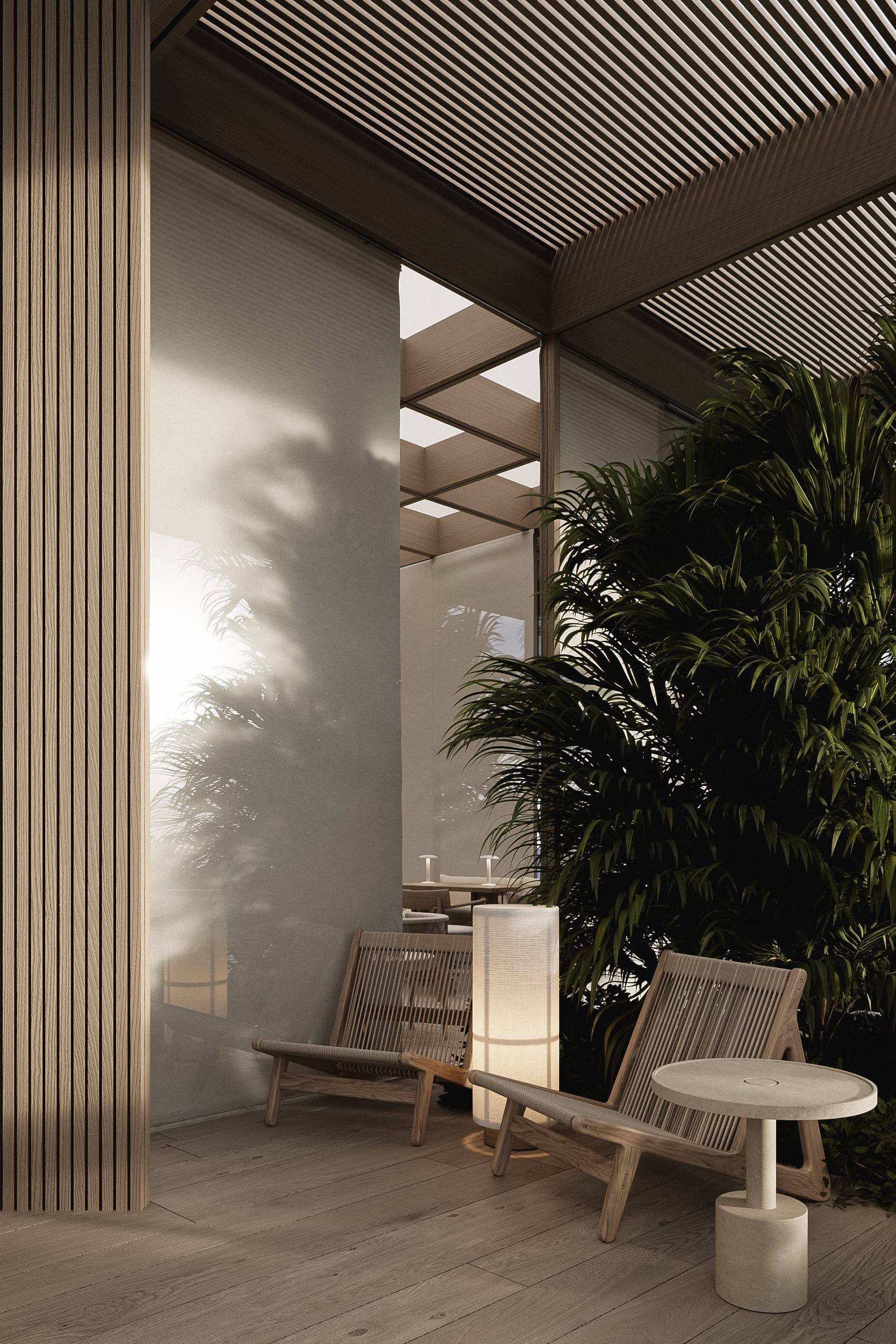 Interior with wooden slats and filtered daylight