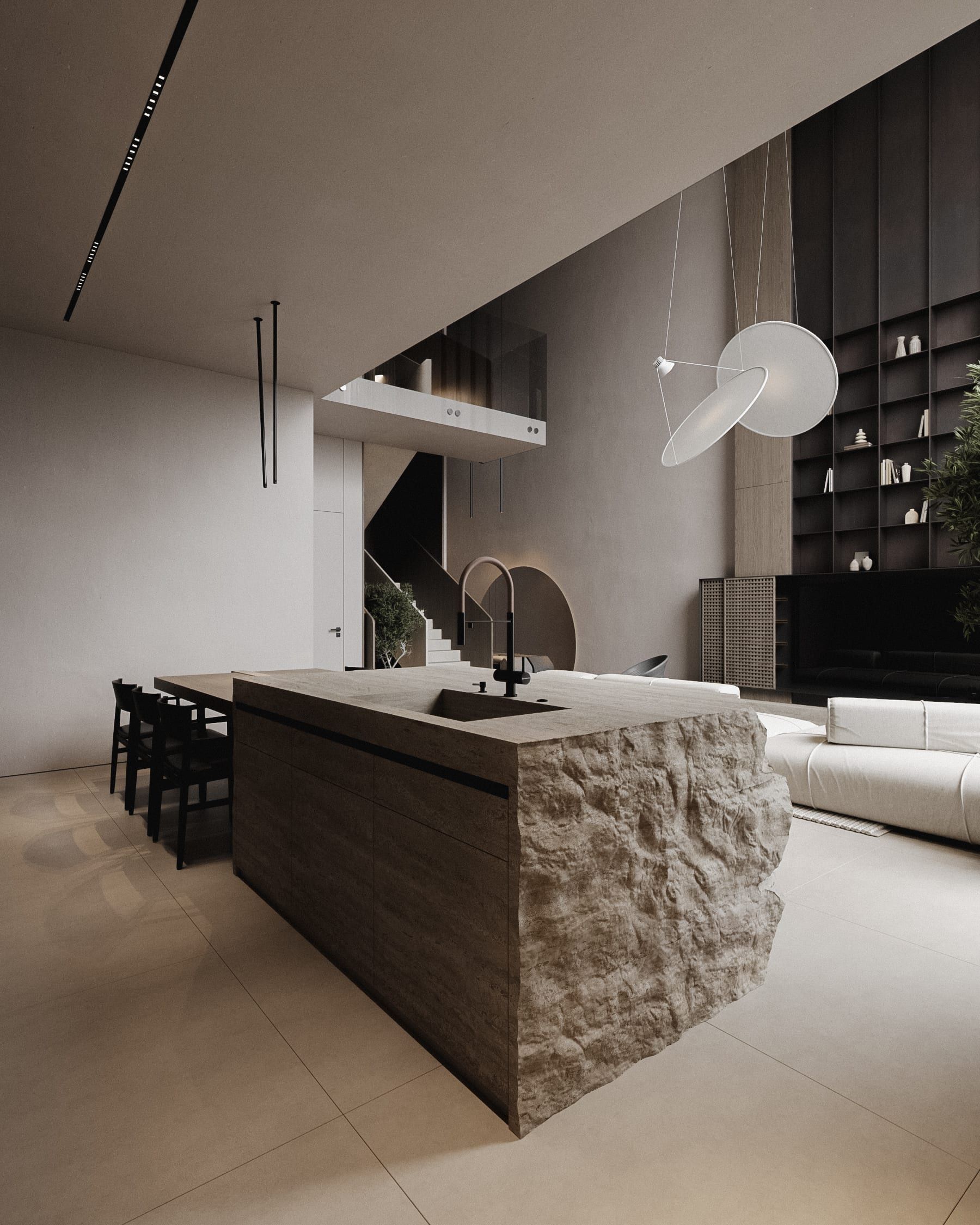 Kitchen with textured stone counter, shelving and pendant lights