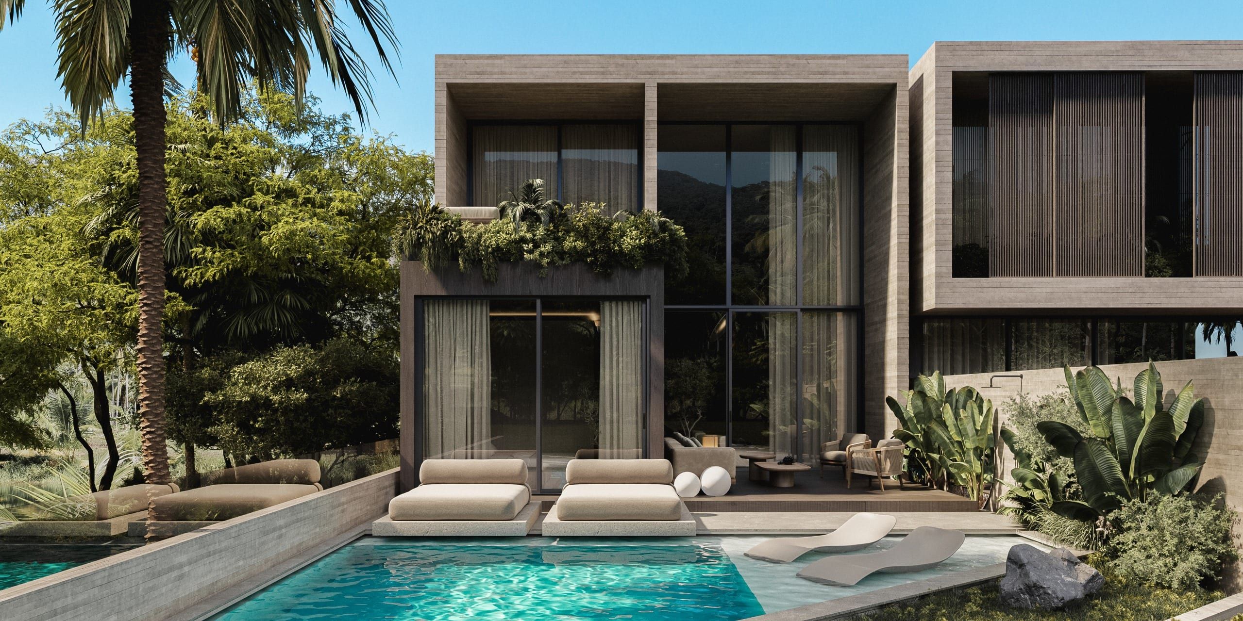 Architectural structure with pool and tropical vegetation