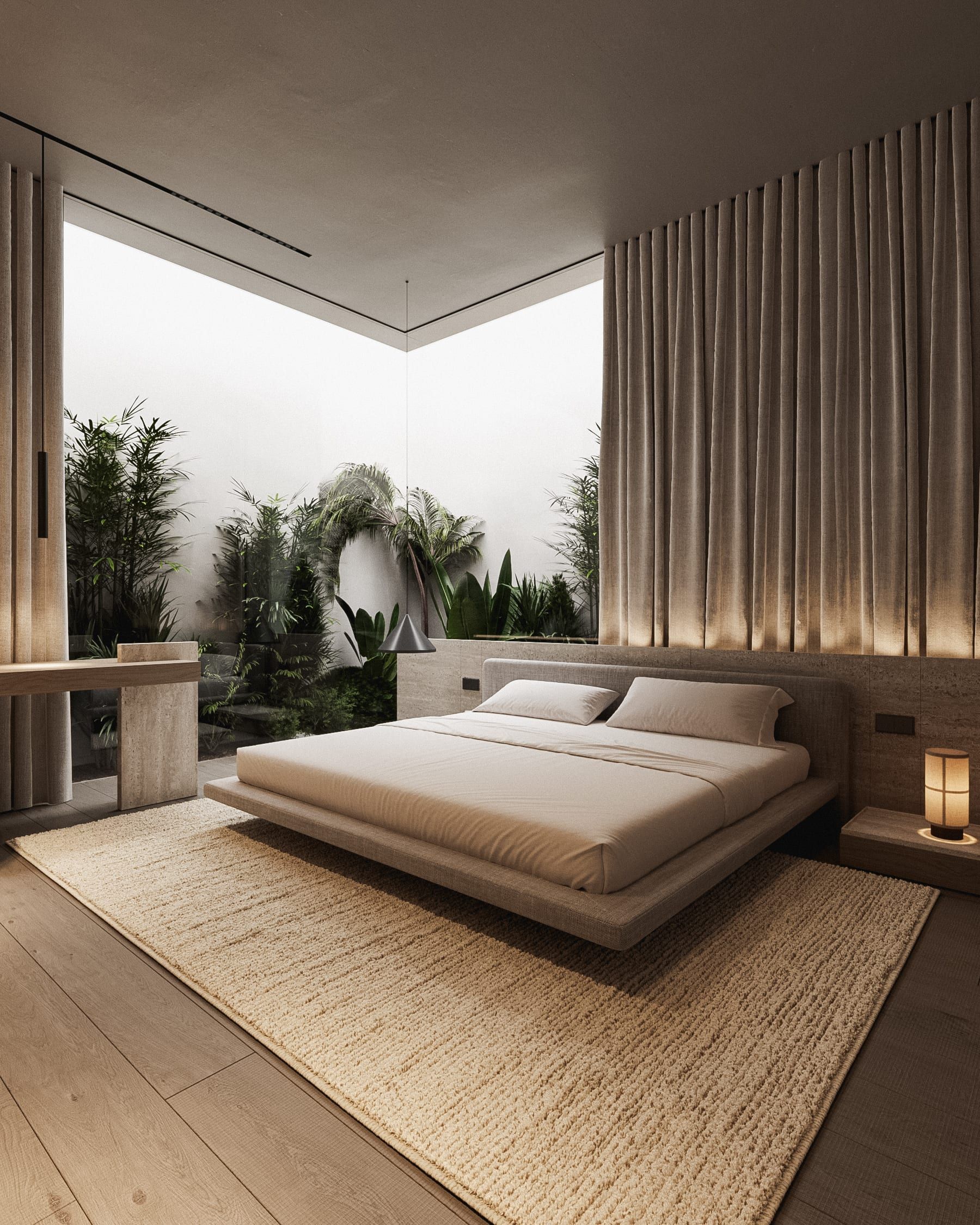 Bedroom with garden view, wooden flooring and wood paneling