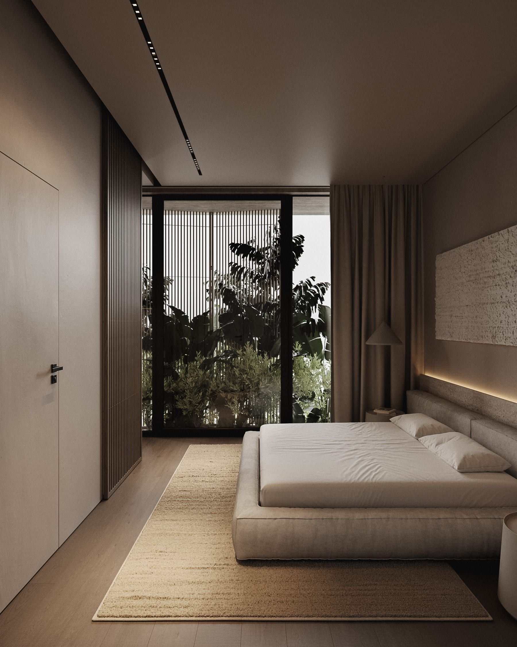 Bedroom with floor-to-ceiling glazing, greenery views, upholstered furniture