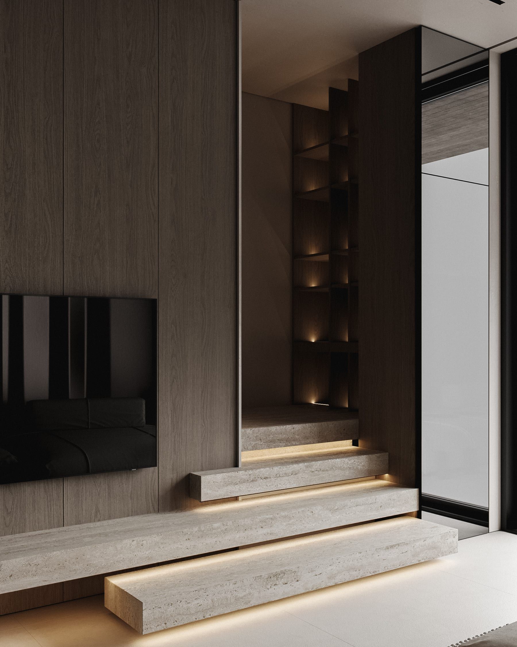 Entry staircase with stone steps, integrated lighting, wooden cladding