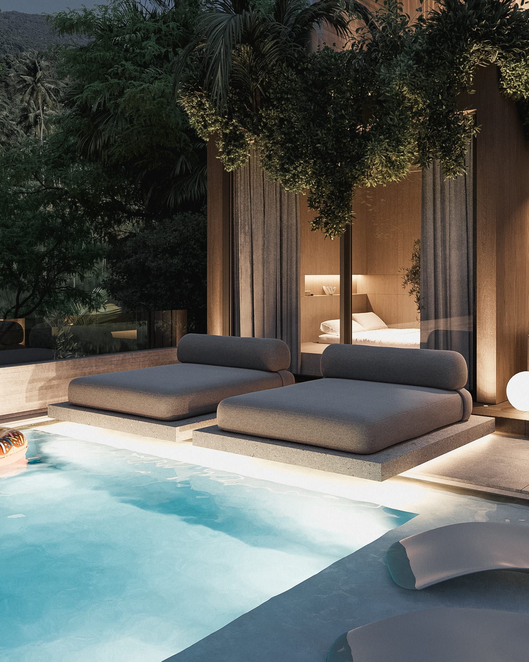 Lounge area by pool with canopy and built-in seating