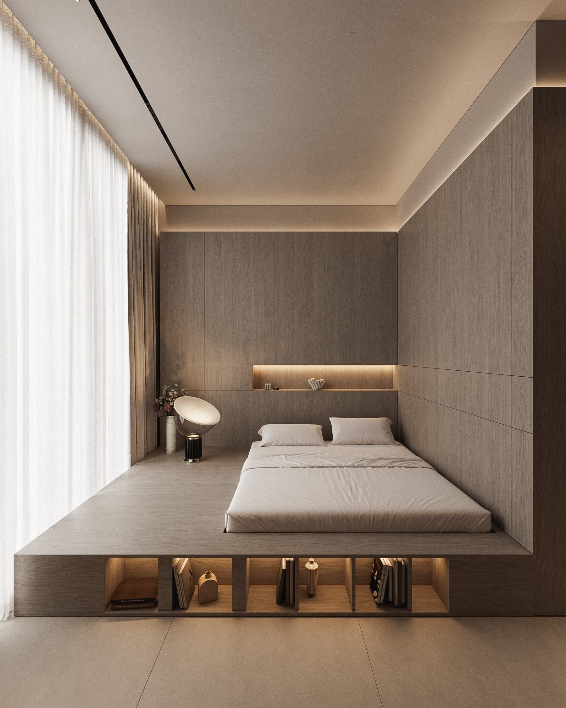 Elevated bedroom with wood wall feature, window and storage niche