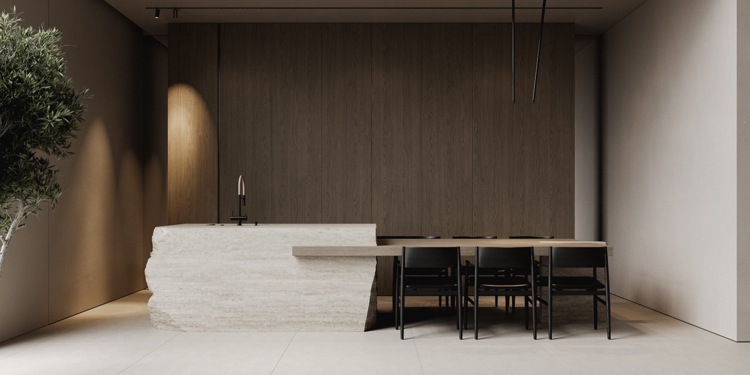 Kitchen-dining area with stone island counter and wooden wall
