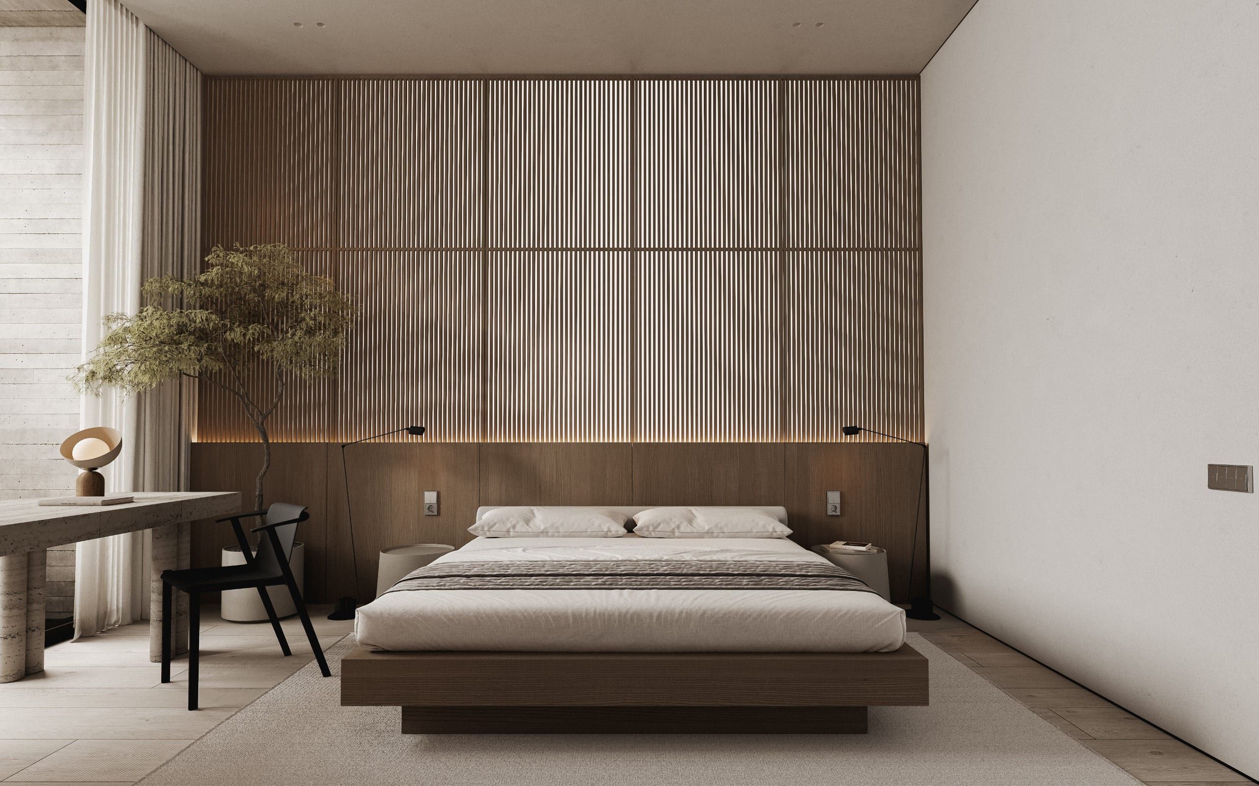 Bedroom with desk, bed and vertical wooden wall feature