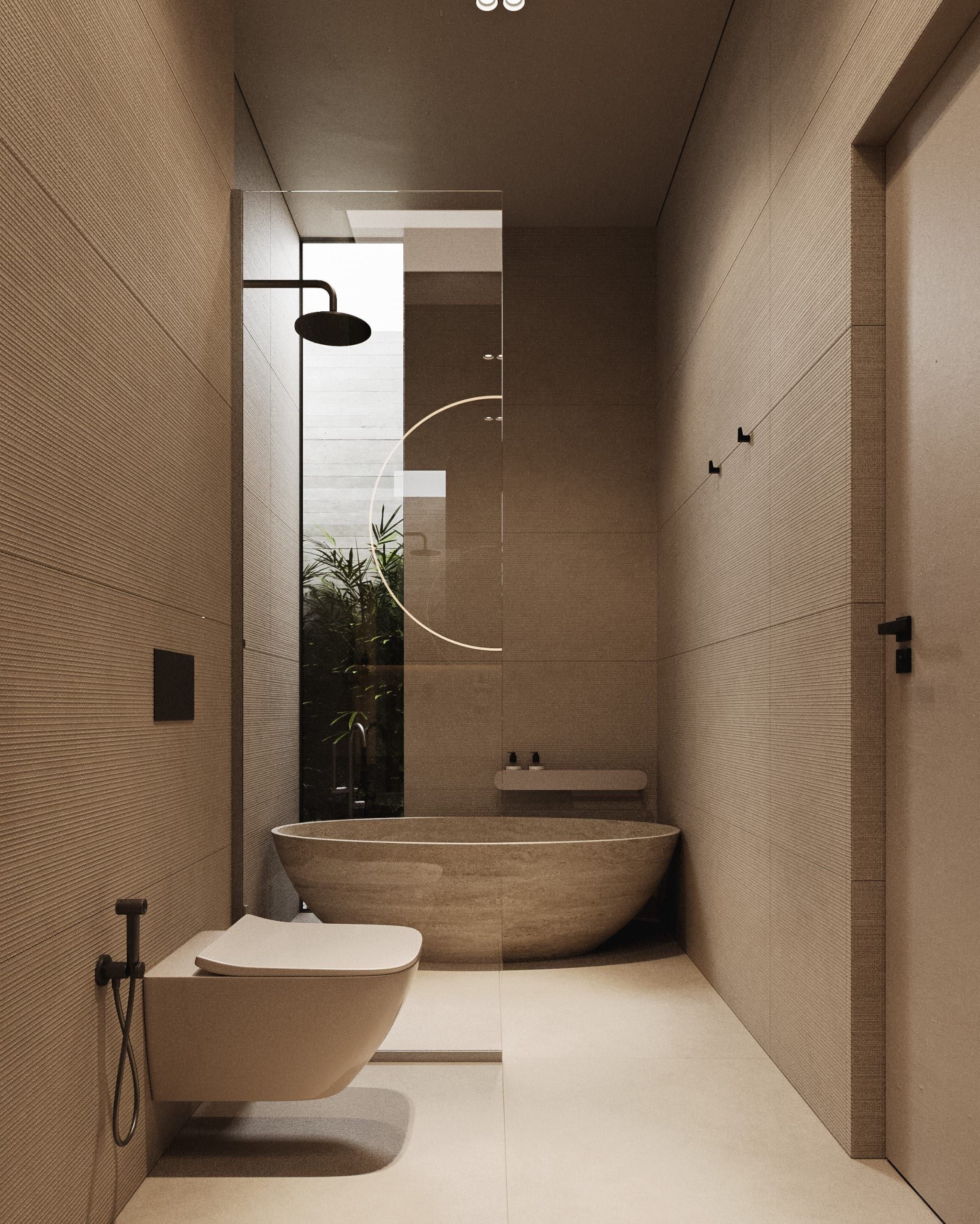 Narrow bathroom with wooden basin and brick wall detailing