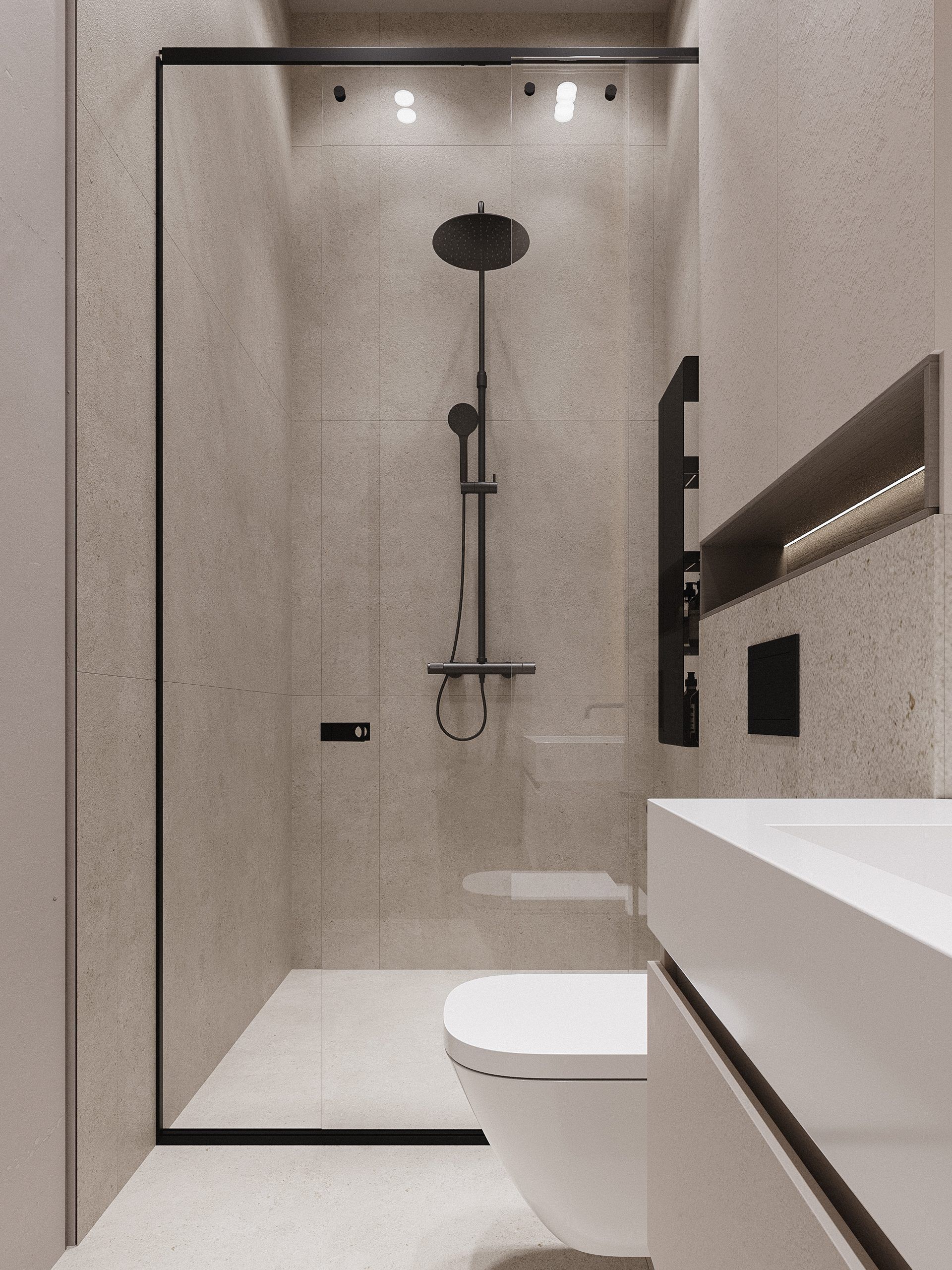 Shower enclosure with glass partition and black fixtures