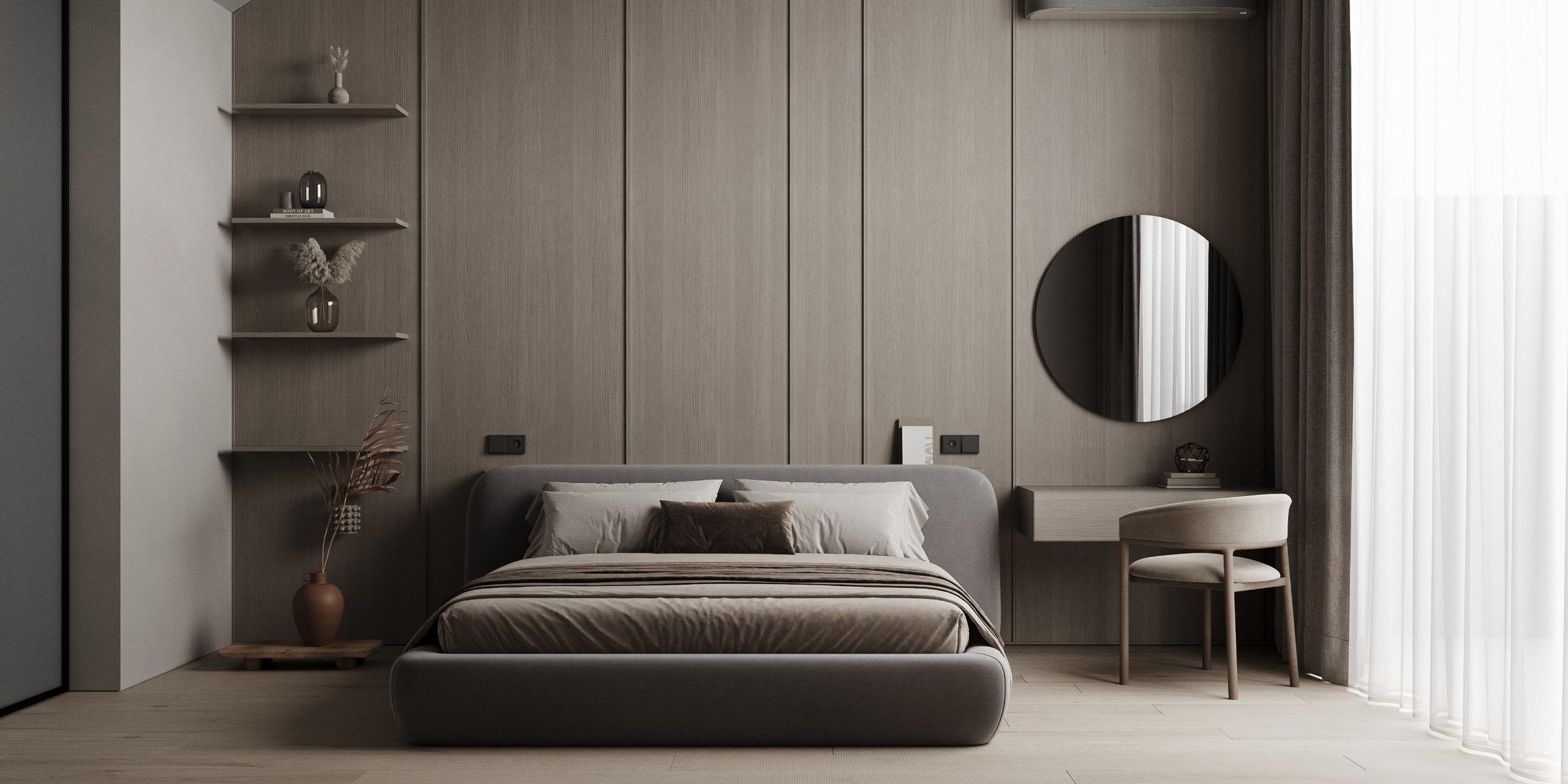 Minimalist bedroom with wood wall and platform bed