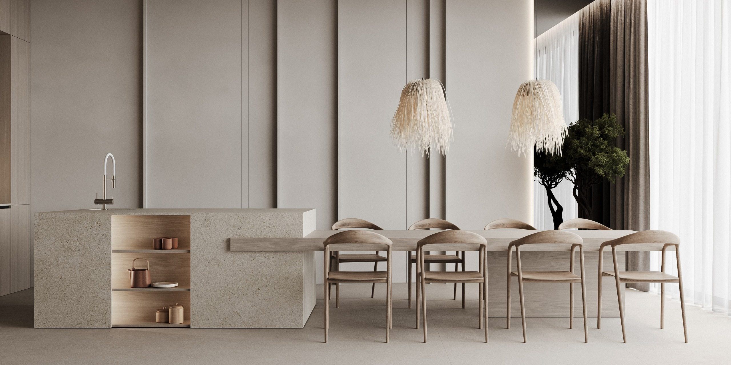 Dining space with wooden chairs, pendant lights and wall shelving