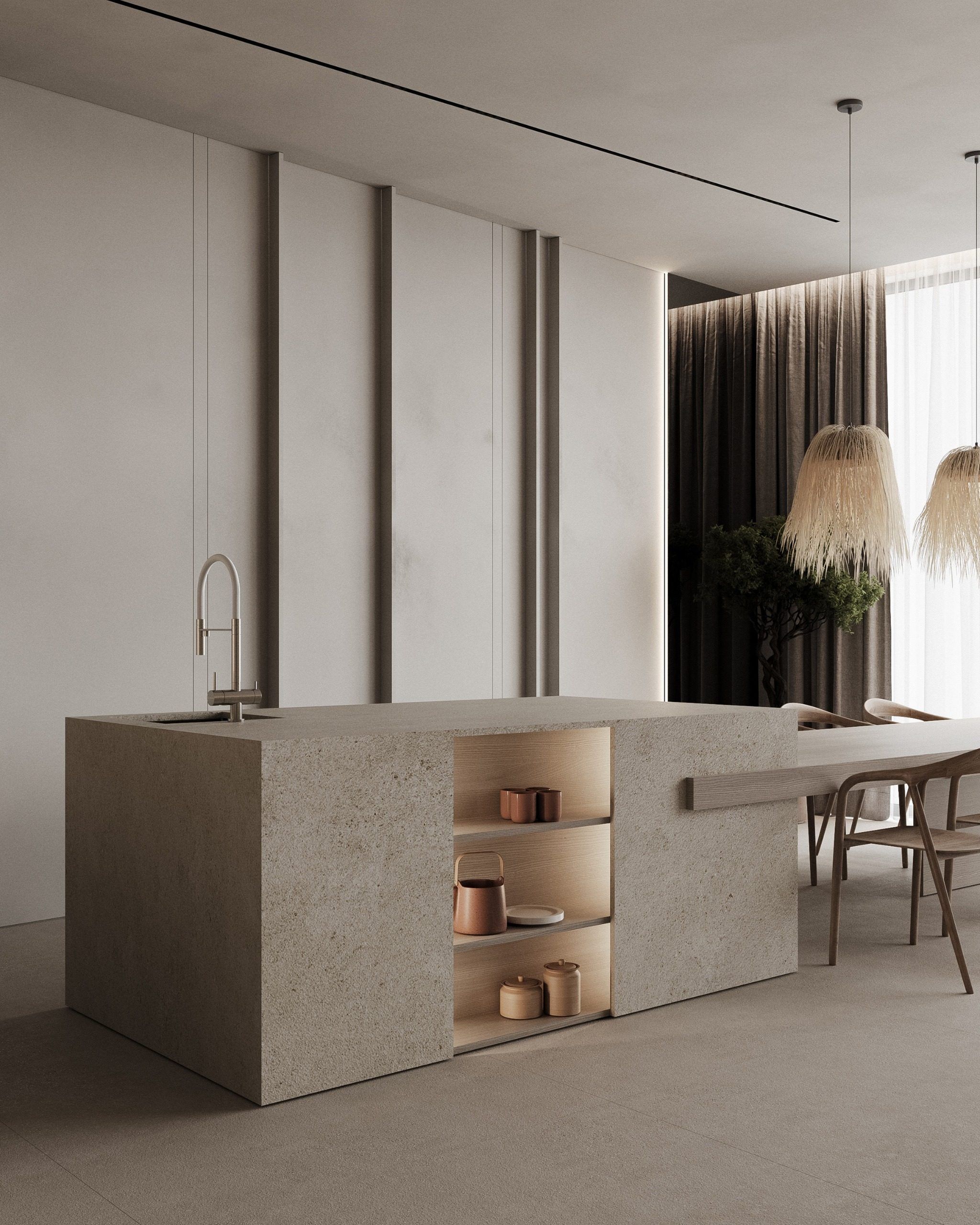 Open kitchen with concrete island, shelving niches and wooden table