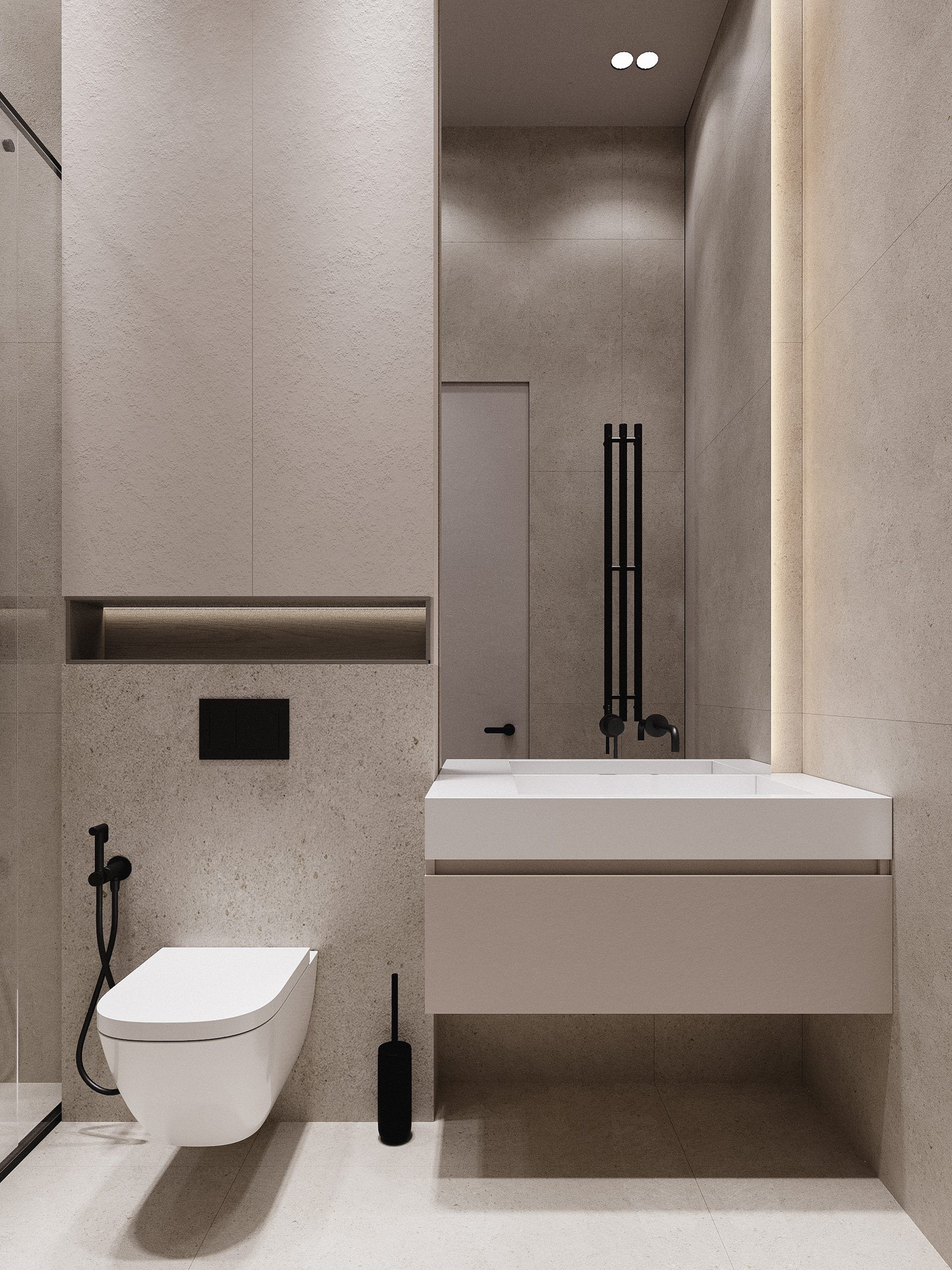 Bathroom with toilet, sink and concrete surfaces