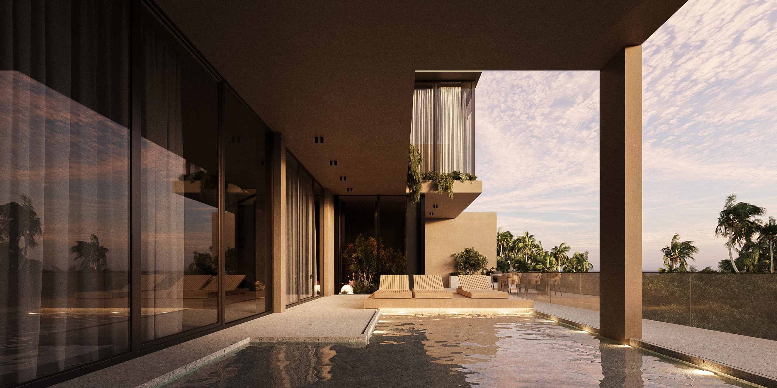 Covered veranda with landscape views and floor-to-ceiling windows