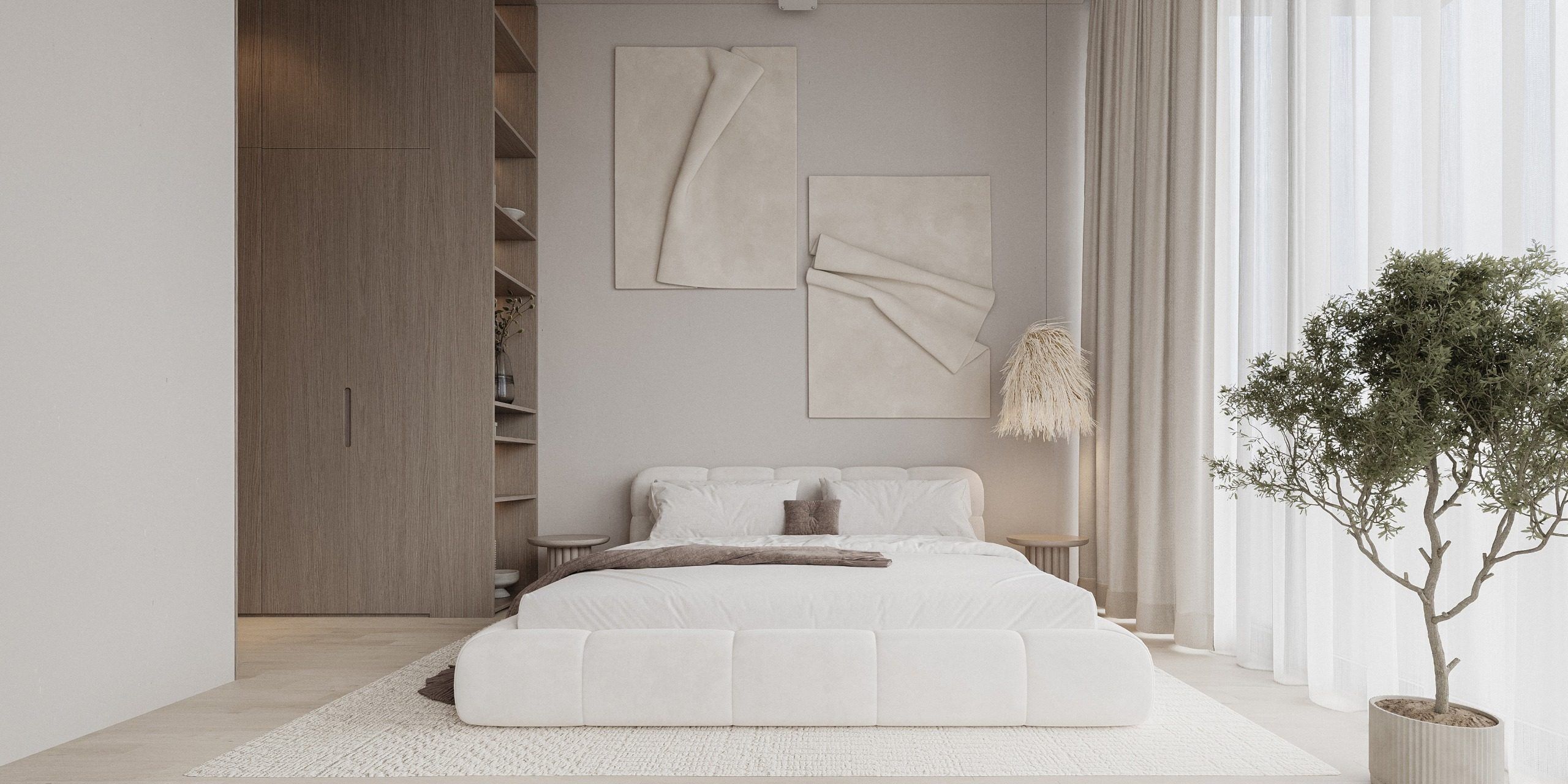 Bedroom with low-profile bed, built-in storage and minimalist decor