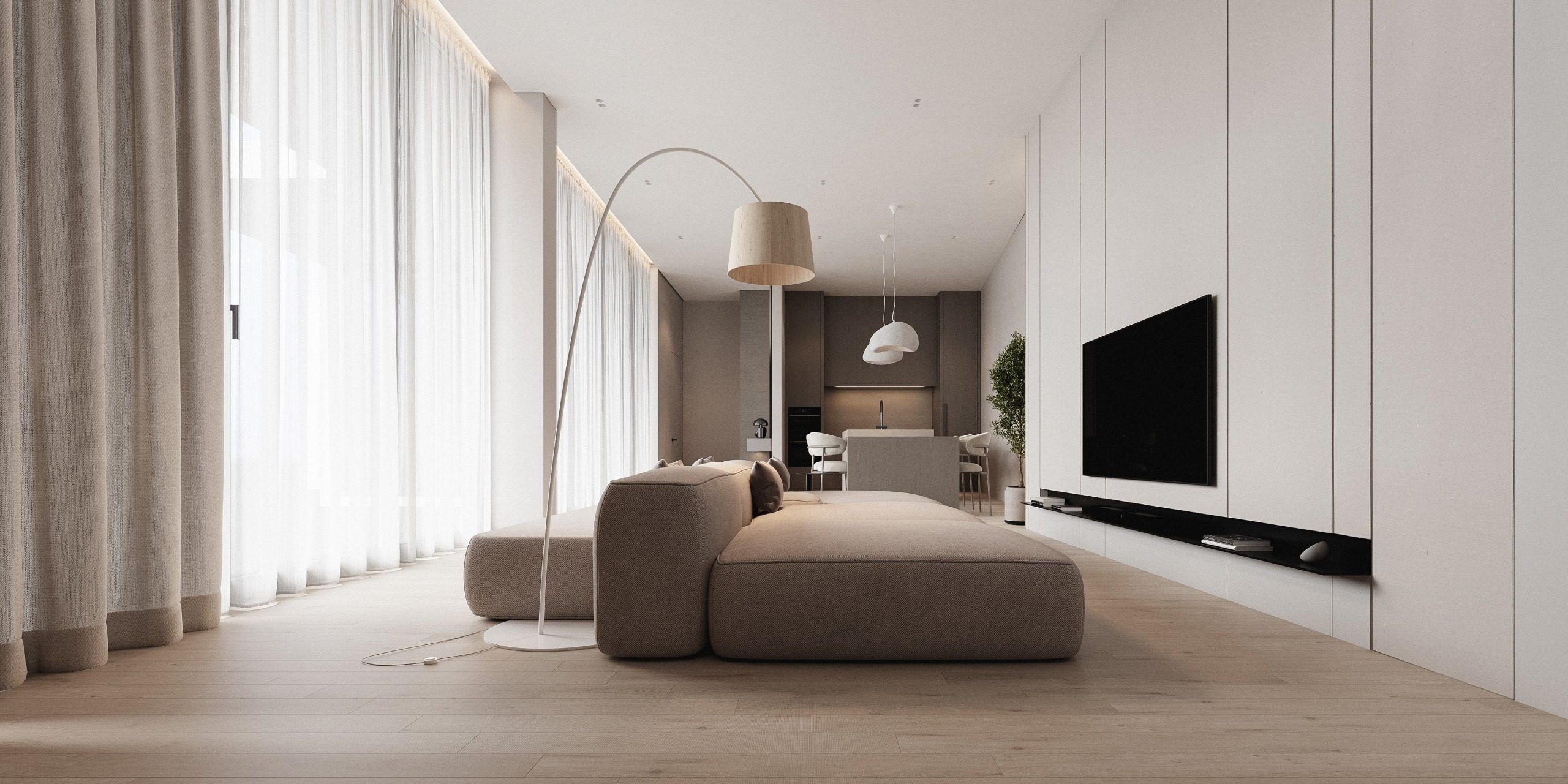 Living room with modular sofa and light curtains