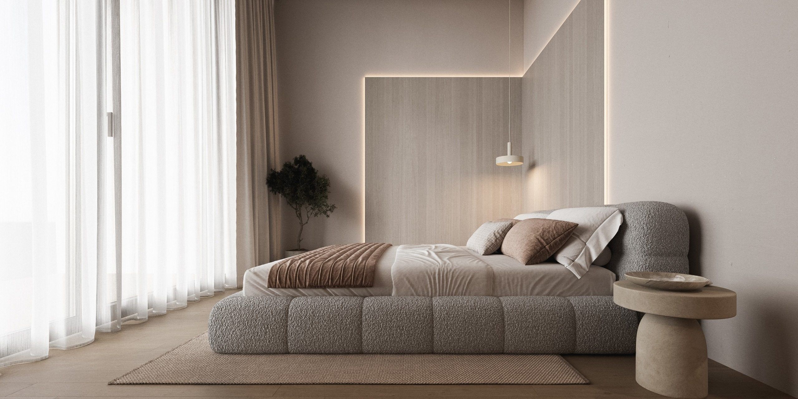 Bedroom with bed, beige textiles and panoramic window