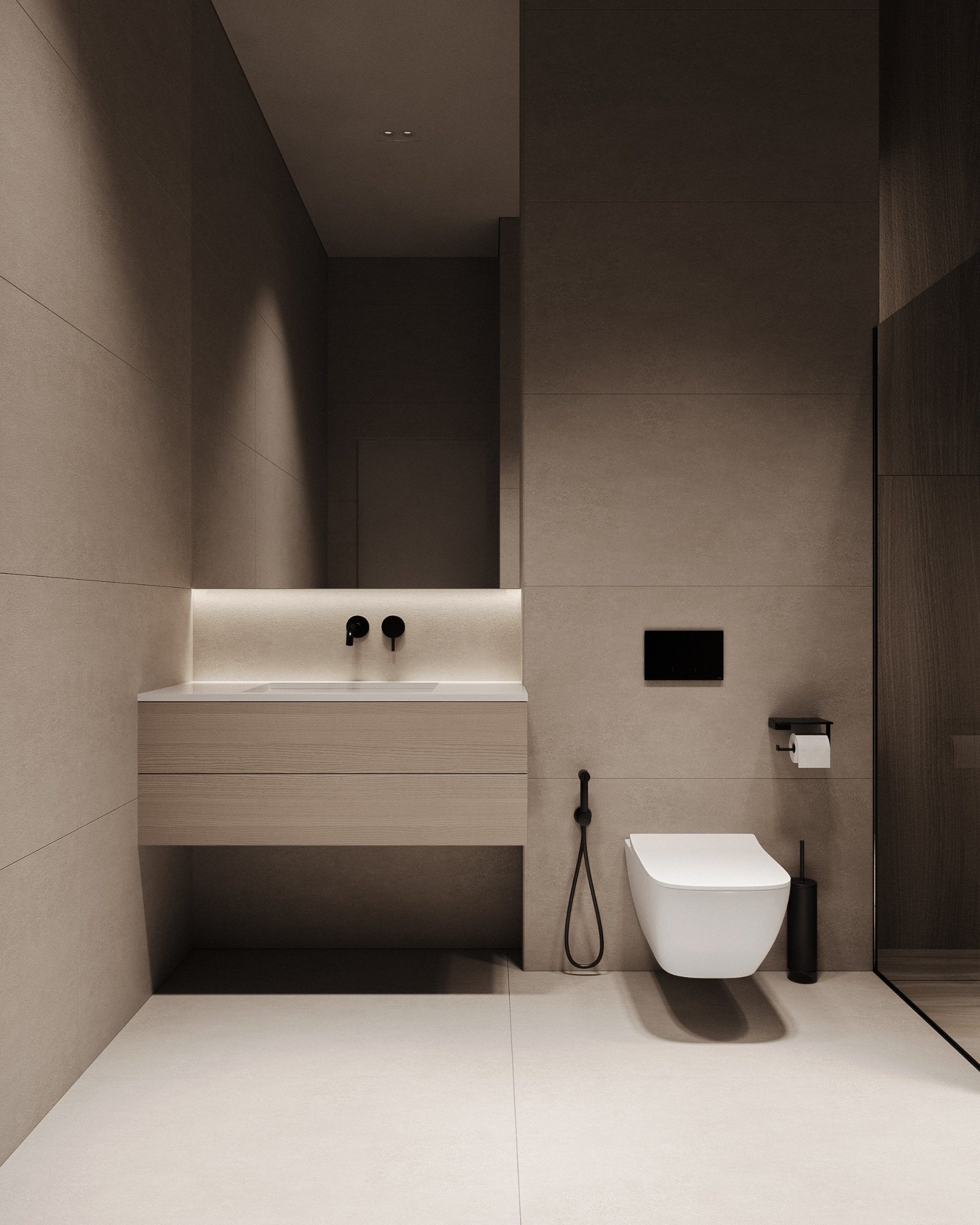 Bathroom with integrated sink and contrast wall