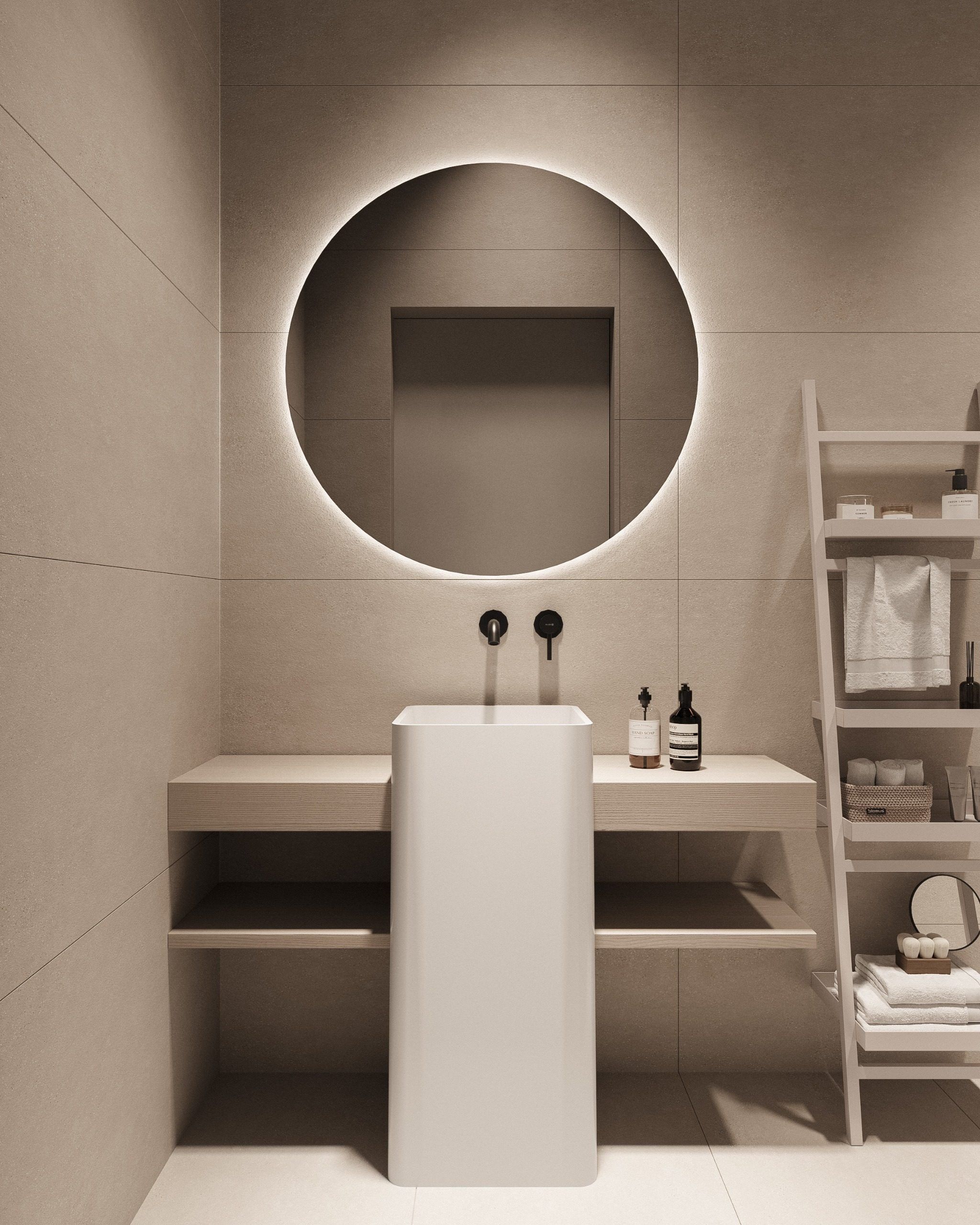 Bathroom with circular mirror, cylindrical basin and recessed storage