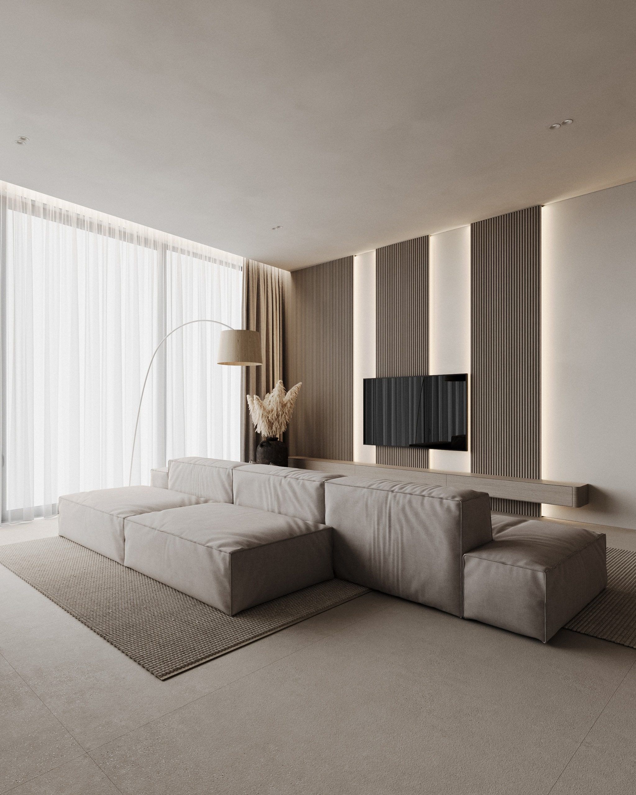 Spacious living room with sectional sofa, wall panels and vertical blinds