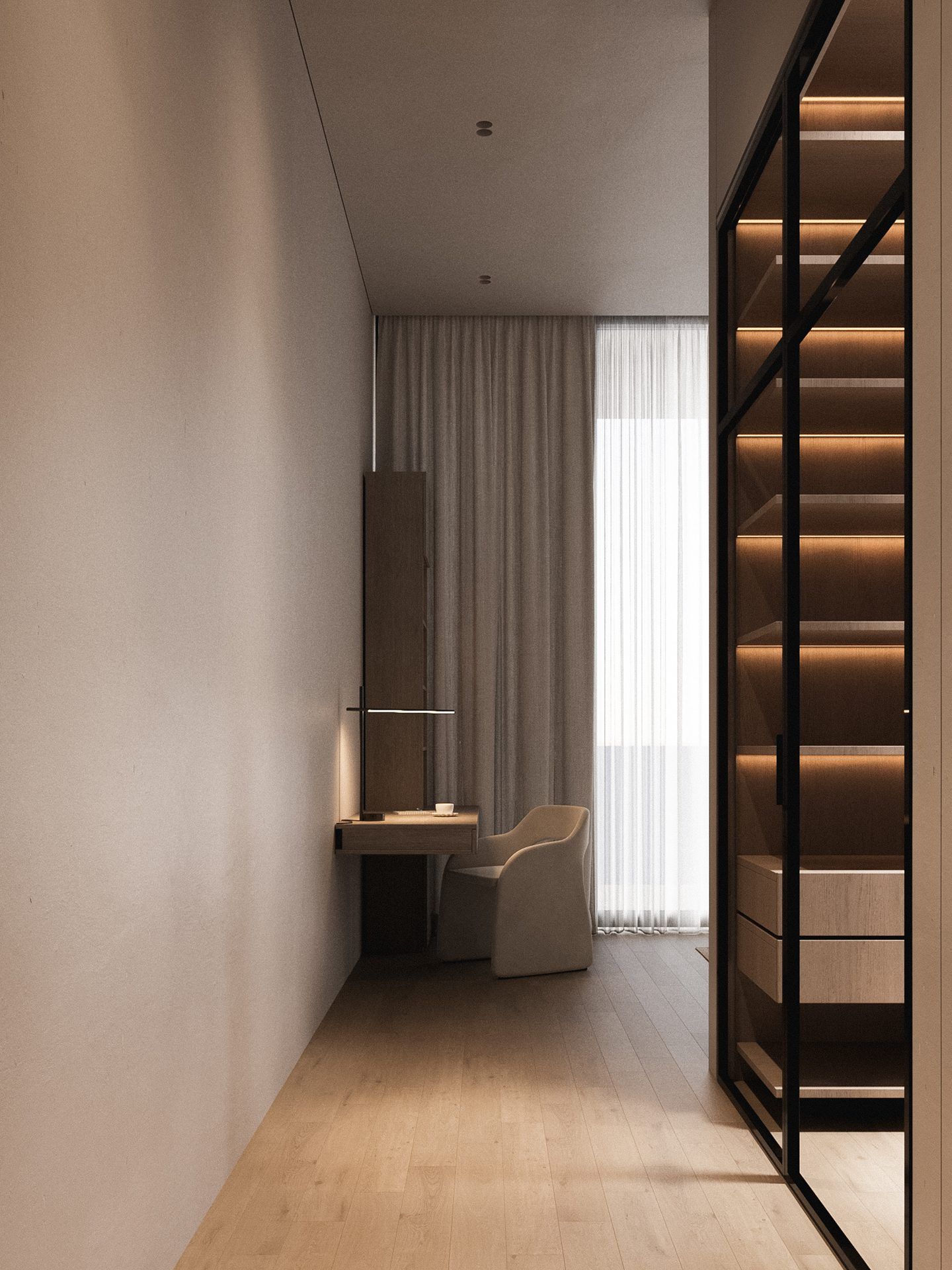 Walk-in closet with wooden shelves, accent lighting and curtains