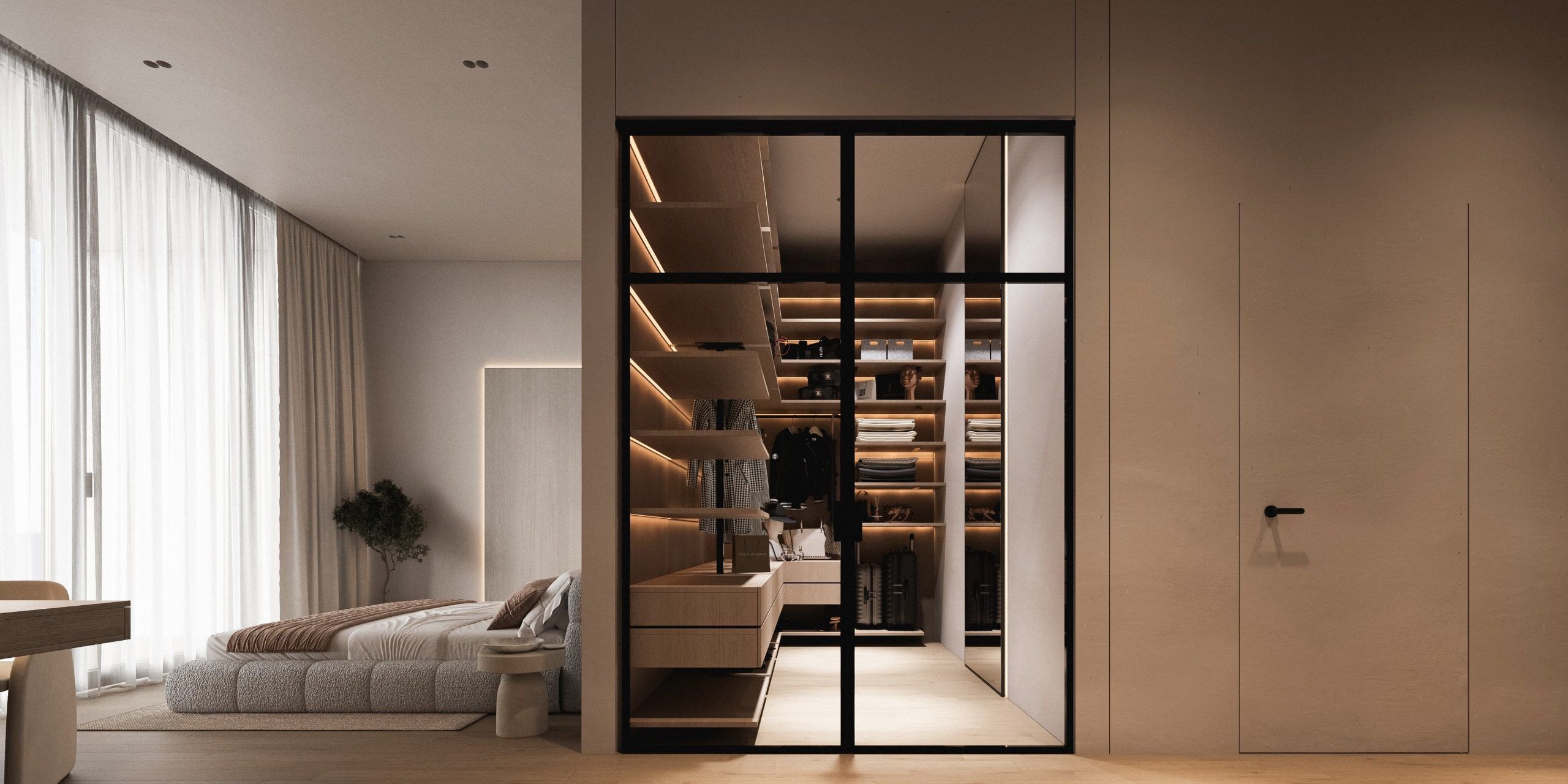 Bedroom with bed and walk-in closet with wooden sliding doors