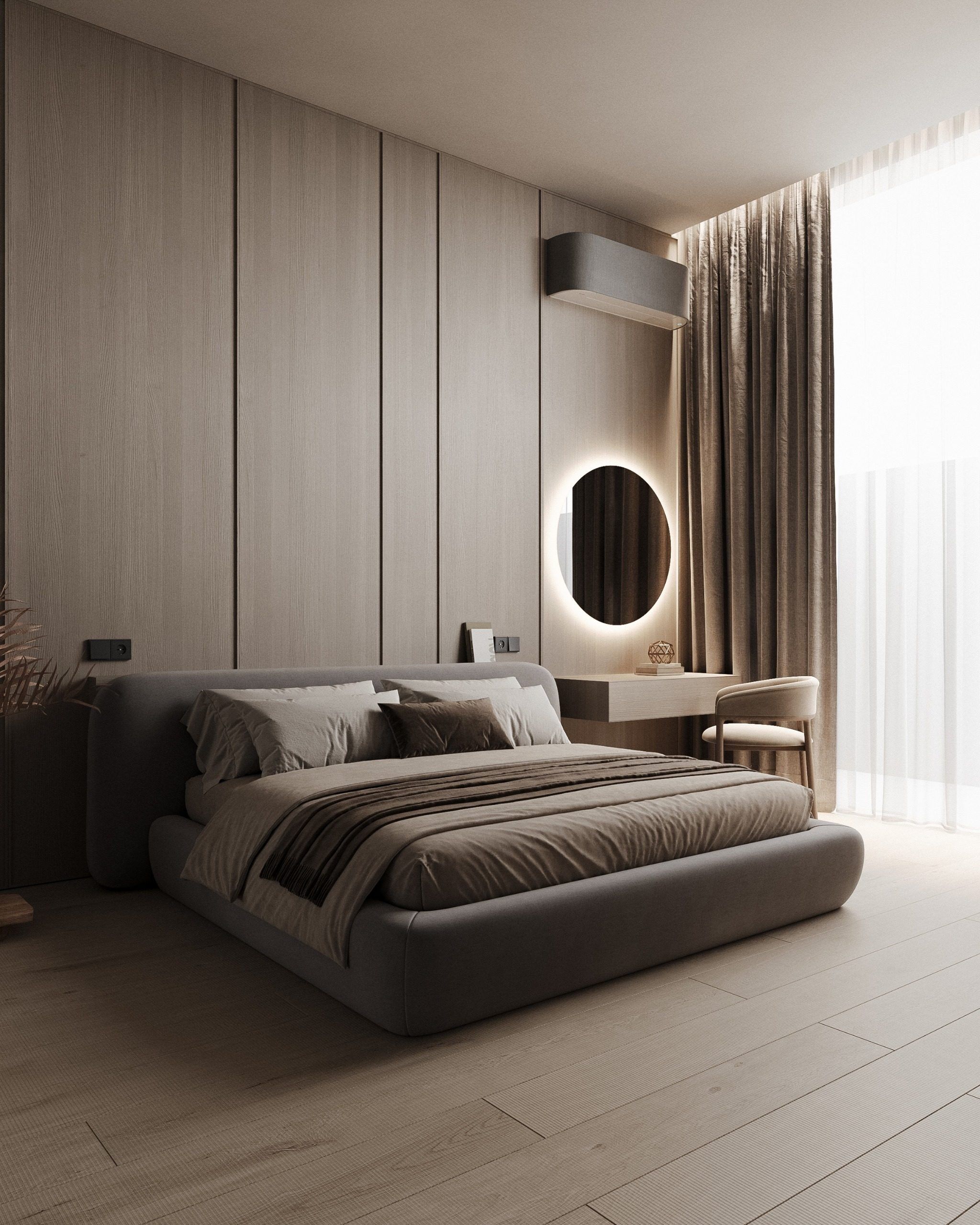 Bedroom with upholstered bed, vertical wall panels and backlit circular mirror