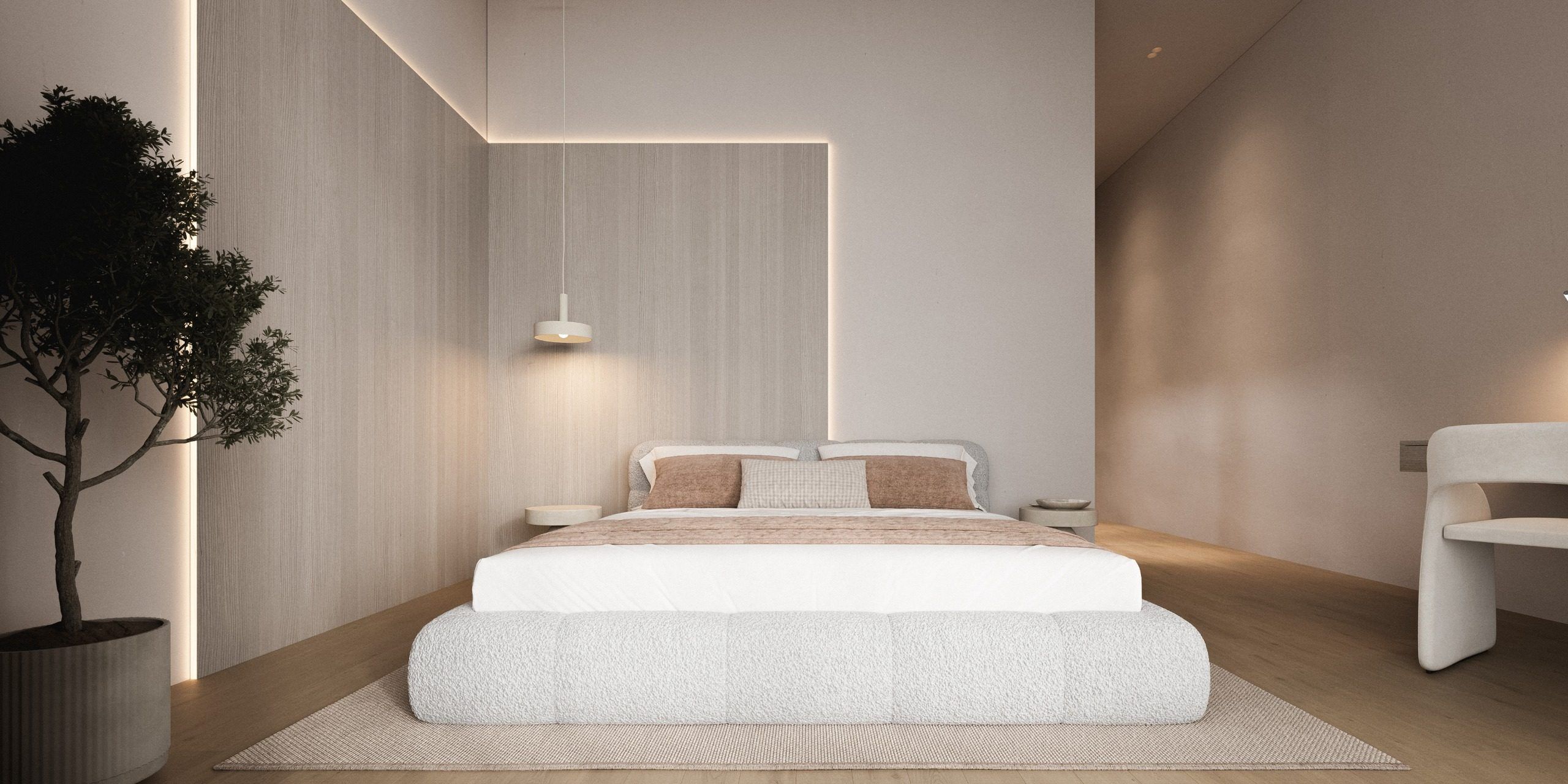 Bedroom with low bed platform, accent lighting and living tree