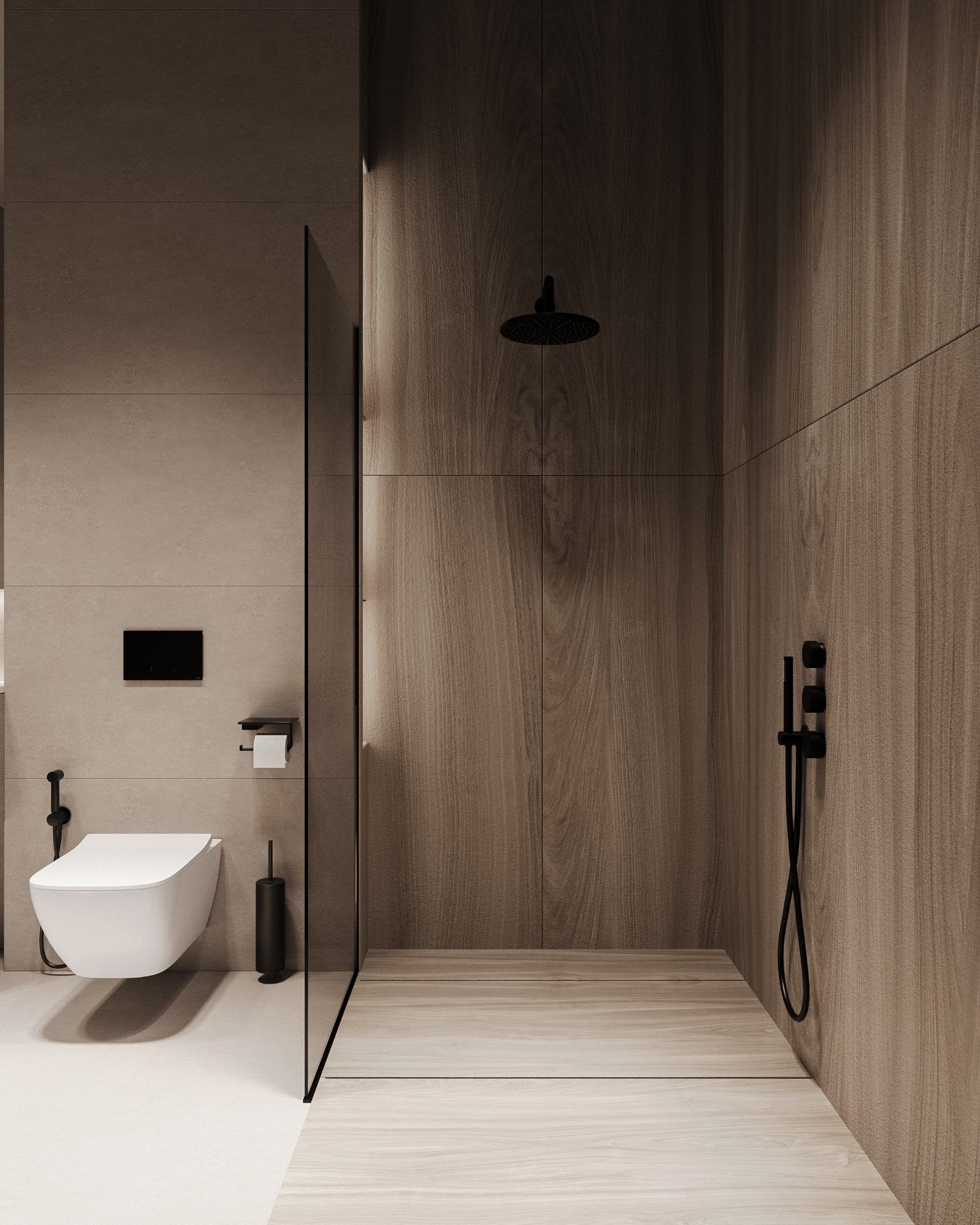 Shower area with wood panels and minimal fixtures