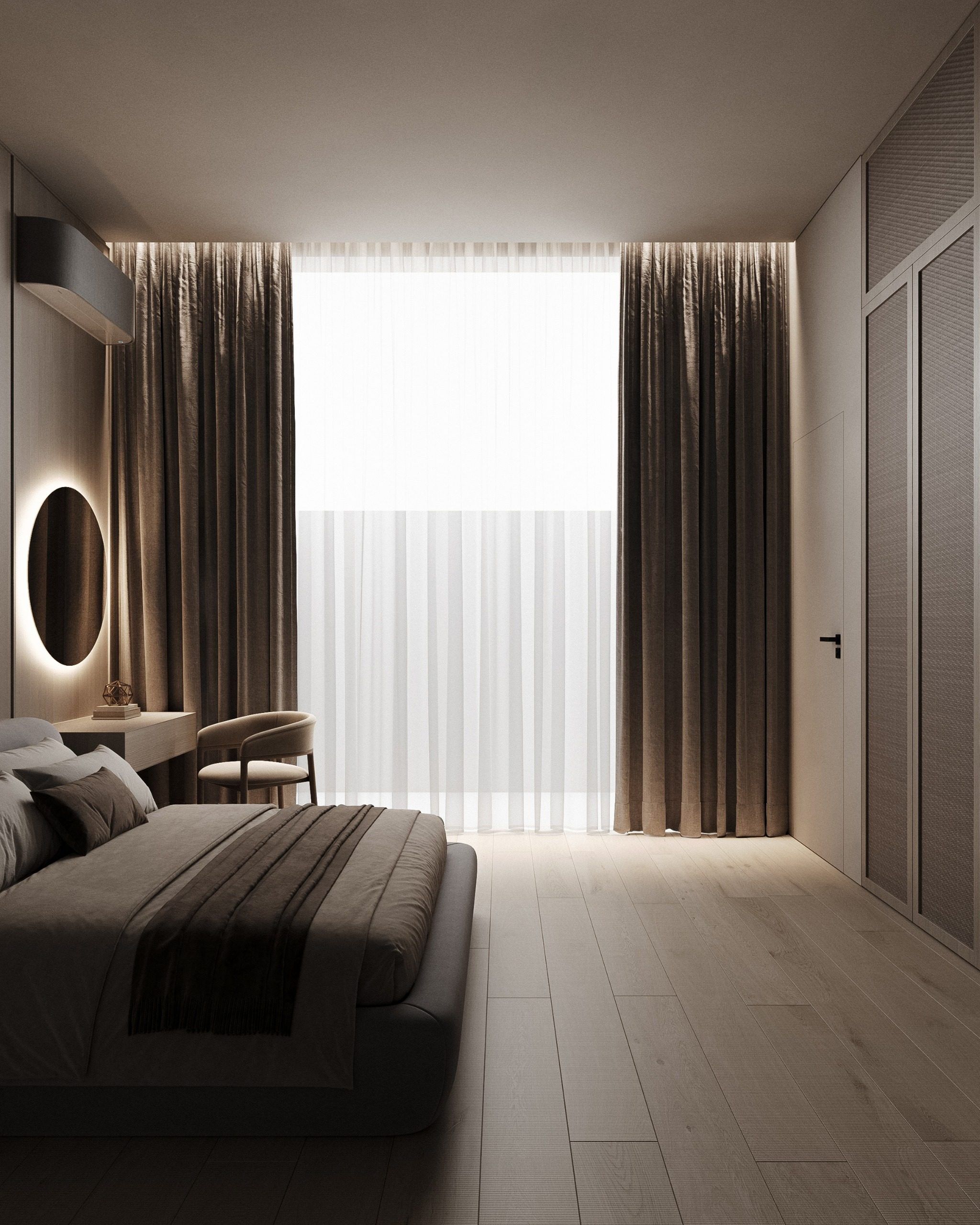 Master bedroom with floor-to-ceiling windows, heavy drapes and circular mirror