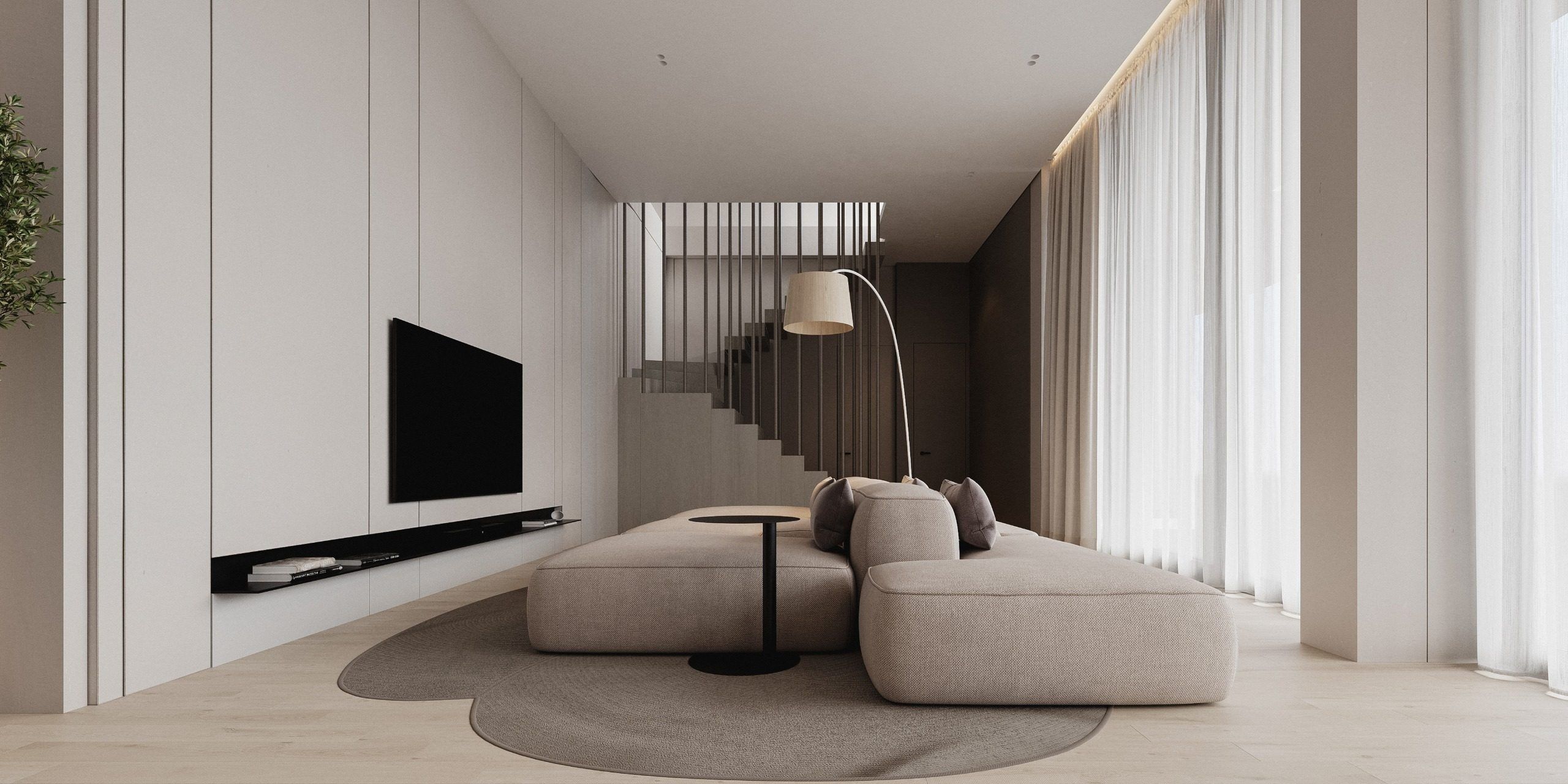 Open living space with soft furniture and wall panels
