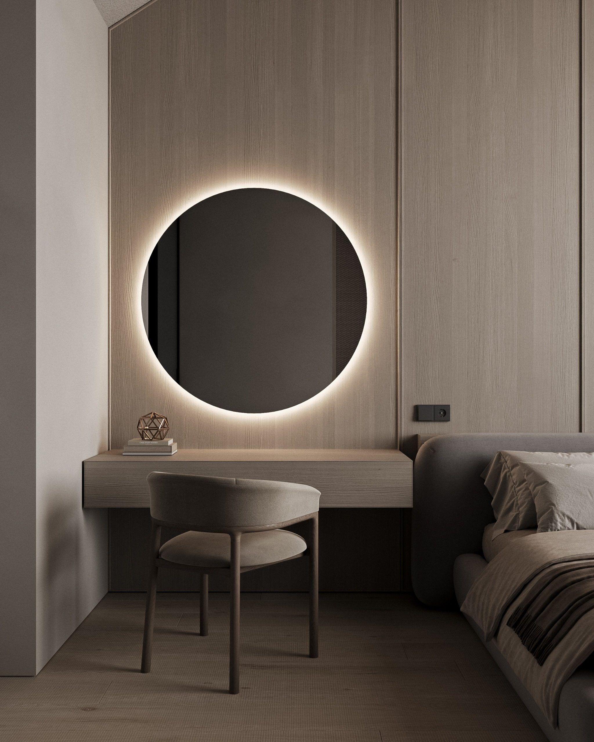Sleeping area with work desk, illuminated mirror and timber finishes