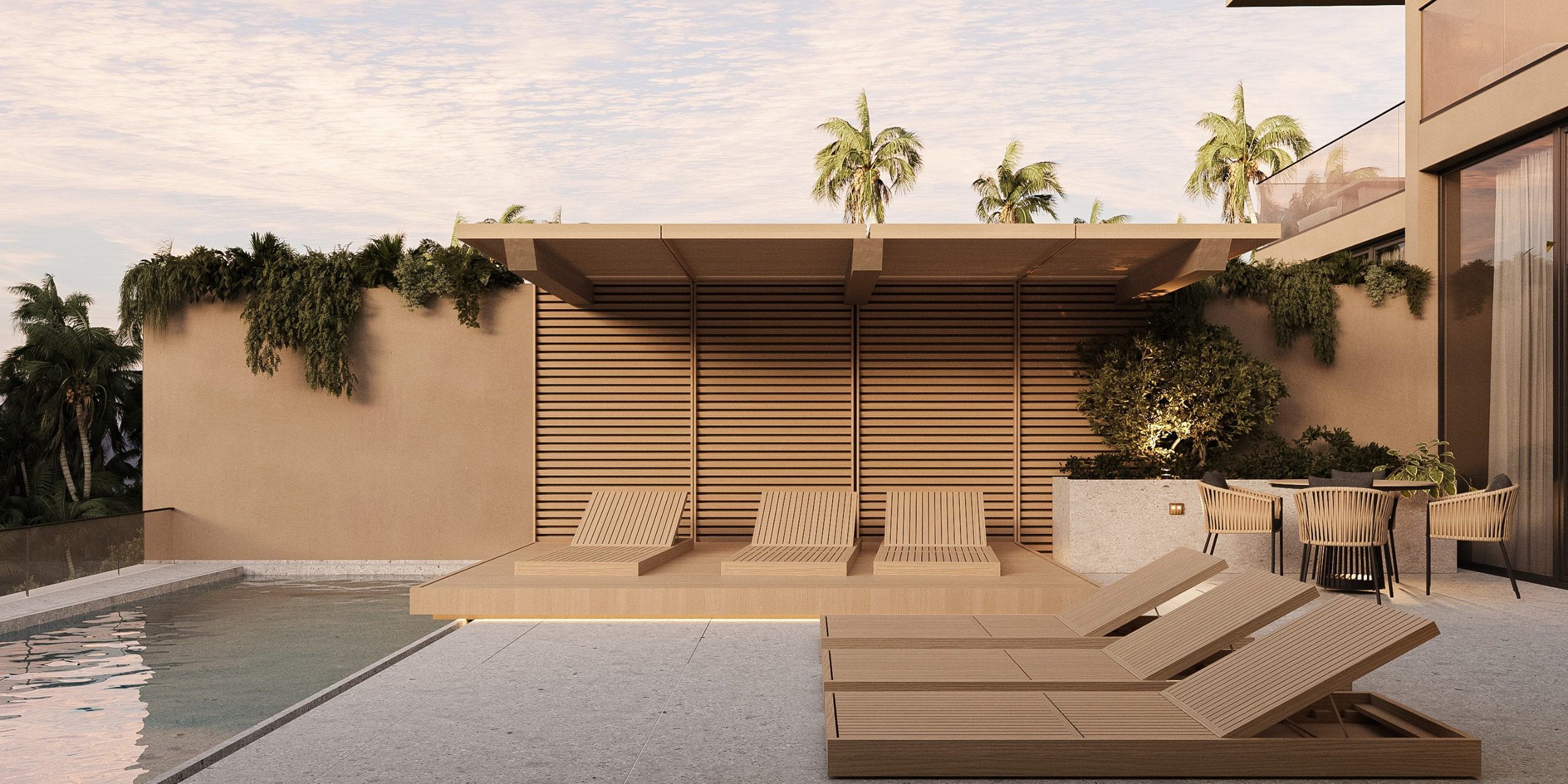 Courtyard with vegetation and open-air relaxation area