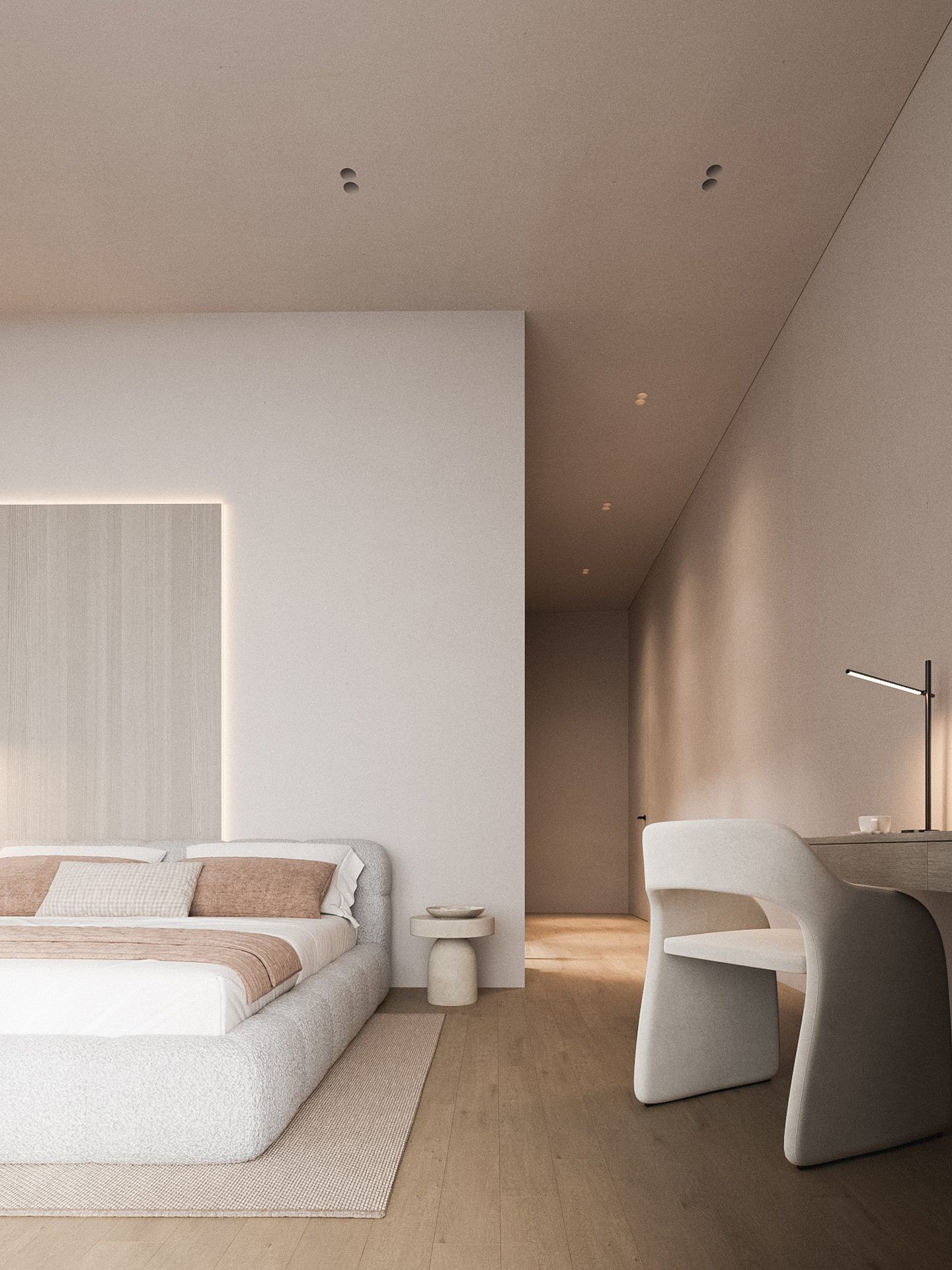 Bedroom with bed, work area and sculptural chair